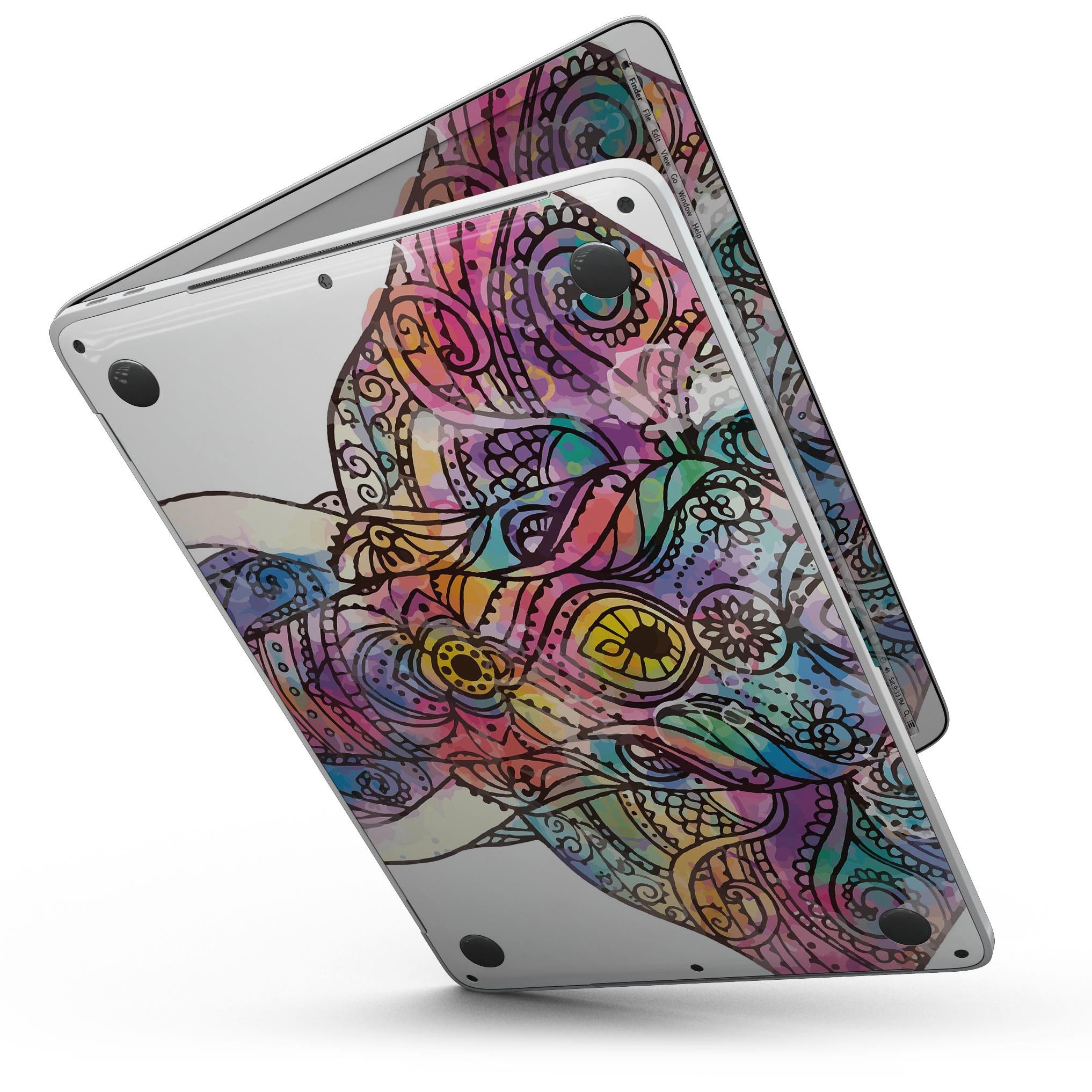 Flourished Sacred Elephant skin kit for MacBook Pro, showcasing vibrant design and premium vinyl material.