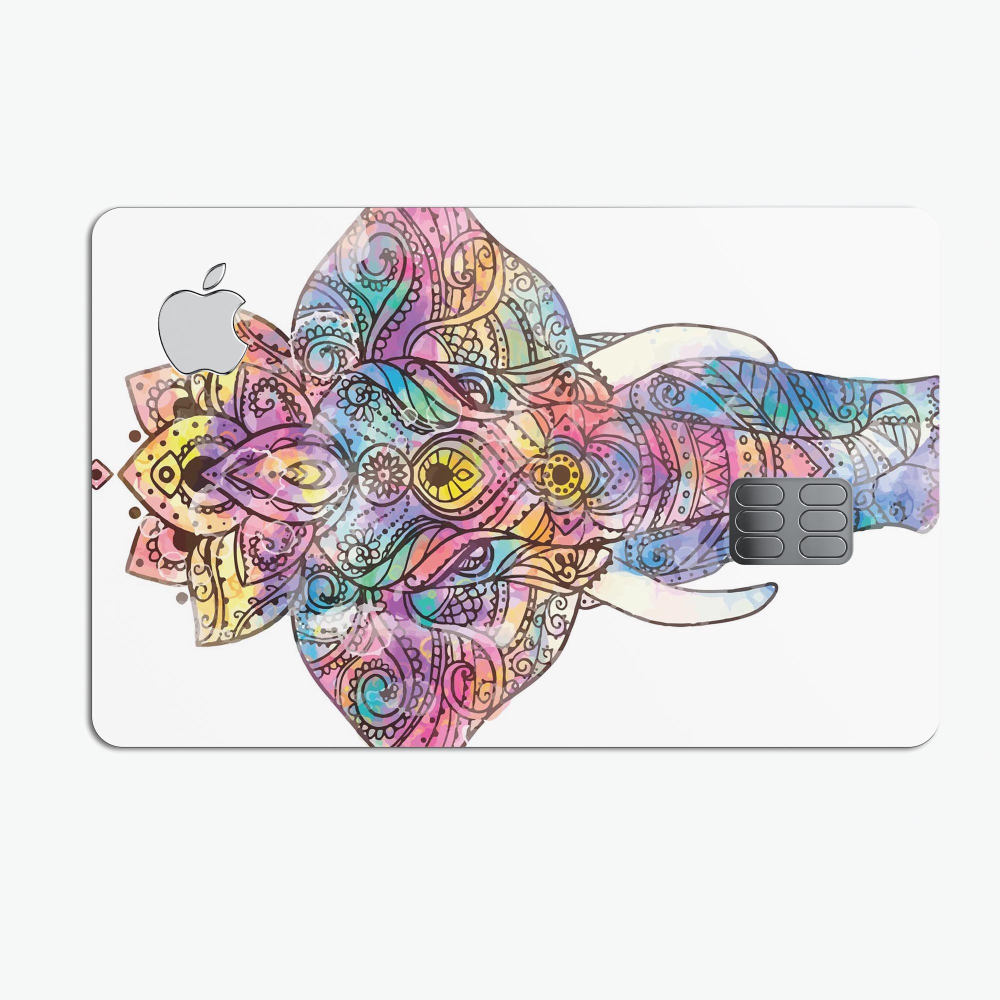 Flourished Sacred Elephant decal skin for Apple Card, showcasing intricate design and premium vinyl material.