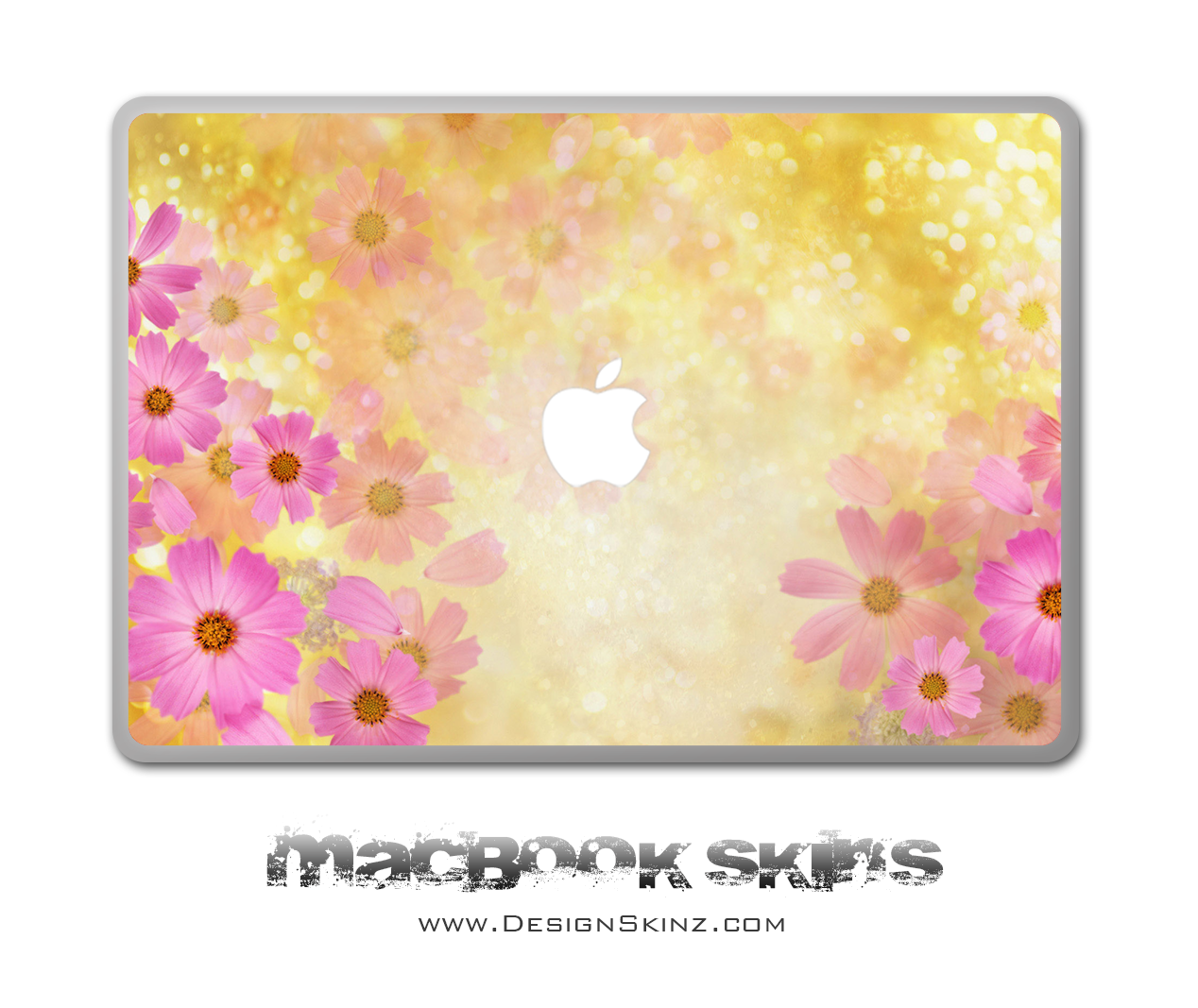 FlowerLand MacBook Skin featuring floral design, available for 11, 13, and 15 inch models with Apple logo cutout.