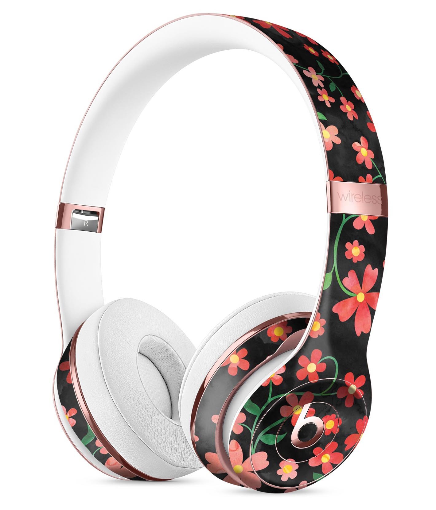 Flowers with Stems design skin for Beats by Dre Solo 3 Wireless Headphones, showcasing vibrant floral patterns on a black watercolor background.