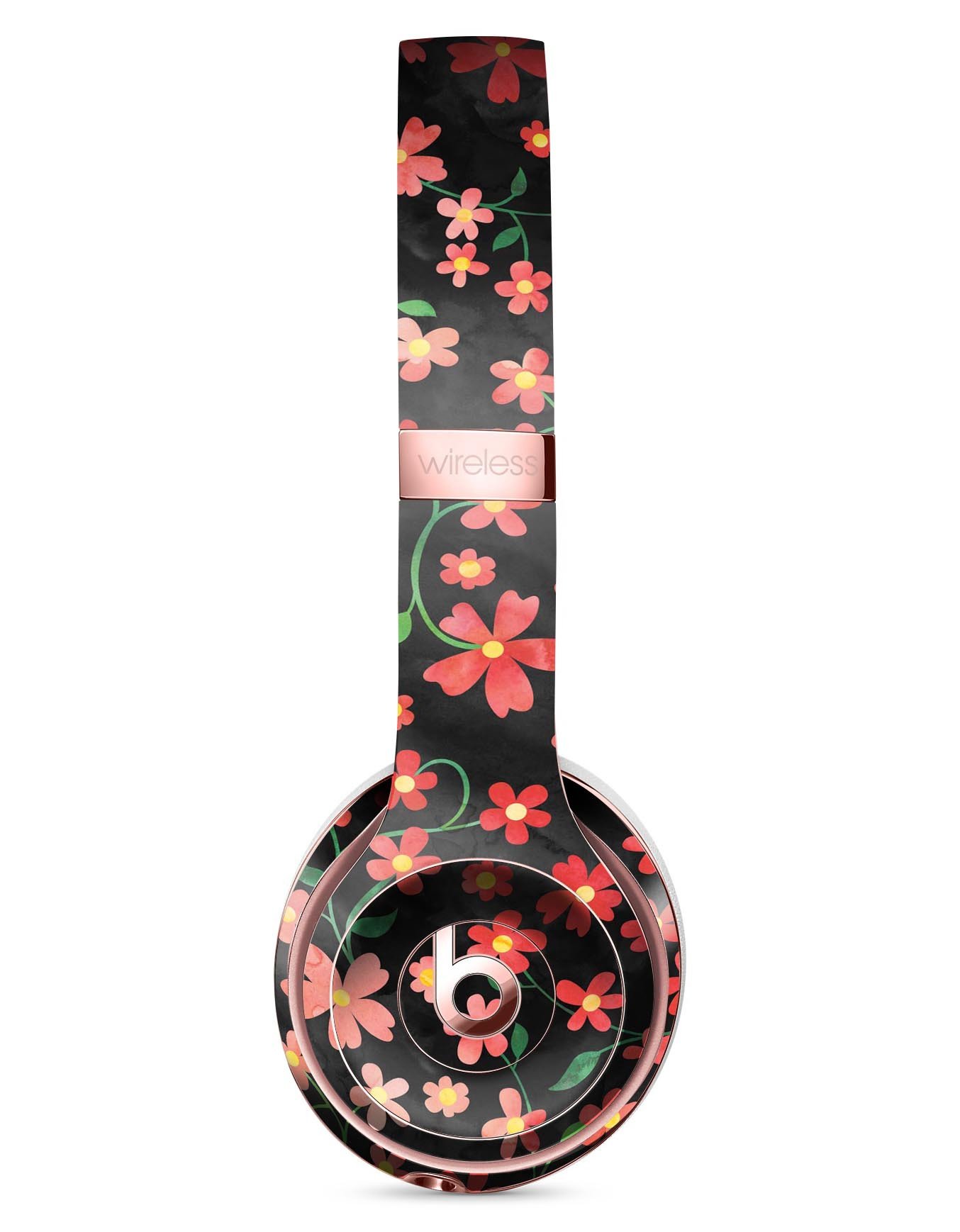 Flowers with Stems design skin for Beats by Dre Solo 3 Wireless Headphones, showcasing vibrant floral patterns on a black watercolor background.