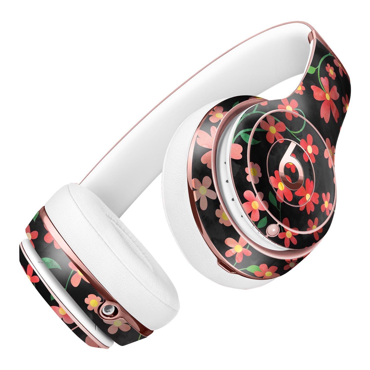 Flowers with Stems design skin for Beats by Dre Solo 3 Wireless Headphones, showcasing vibrant floral patterns on a black watercolor background.