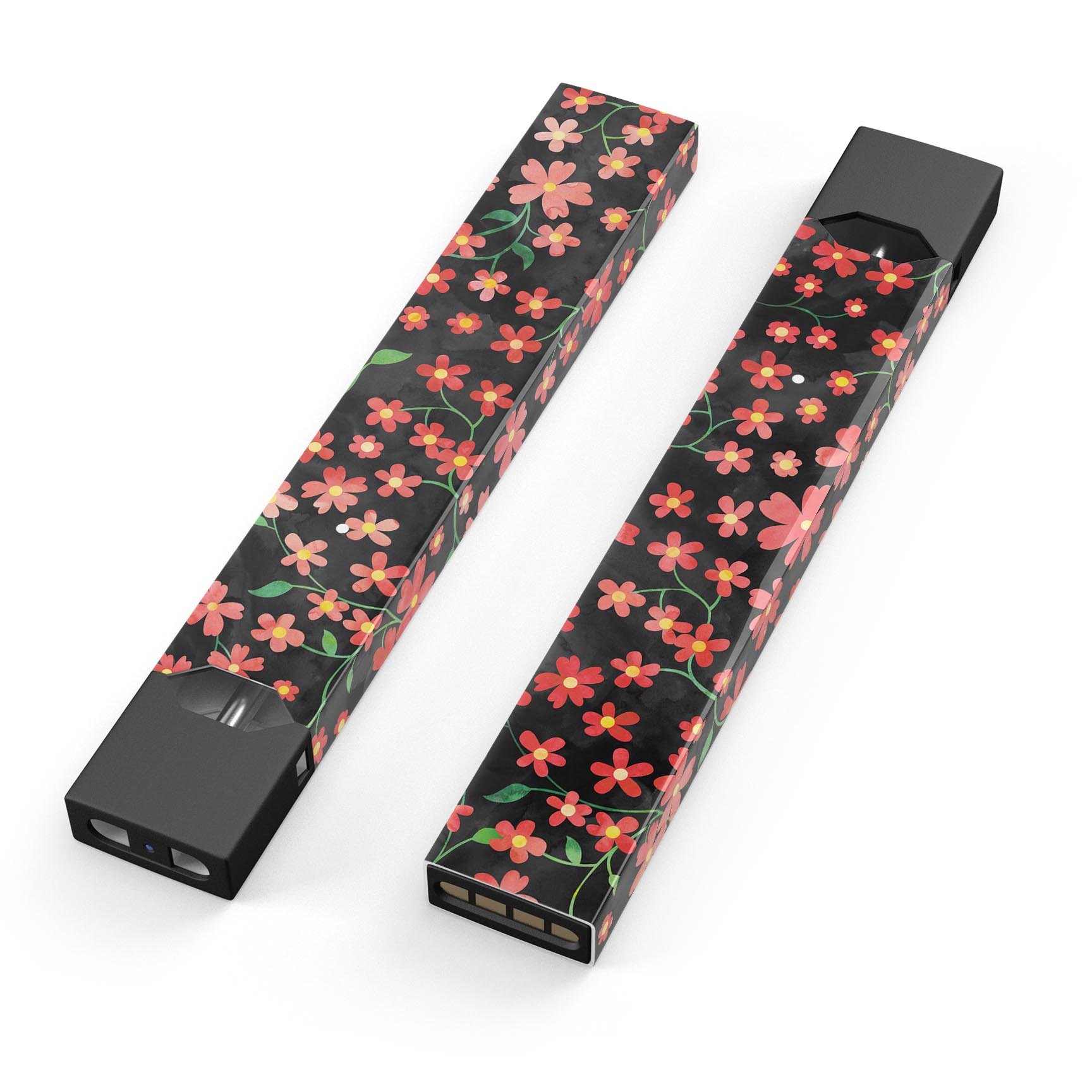 Premium decal skin featuring flowers with stems design over black watercolor, designed for JUUL vaping device.