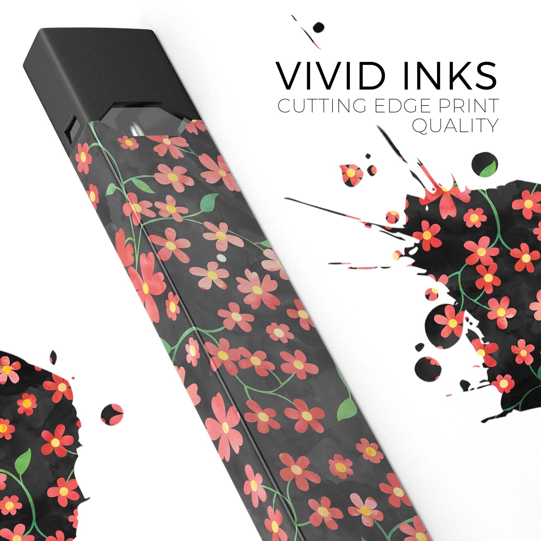 Premium decal skin featuring flowers with stems design over black watercolor, designed for JUUL vaping device.