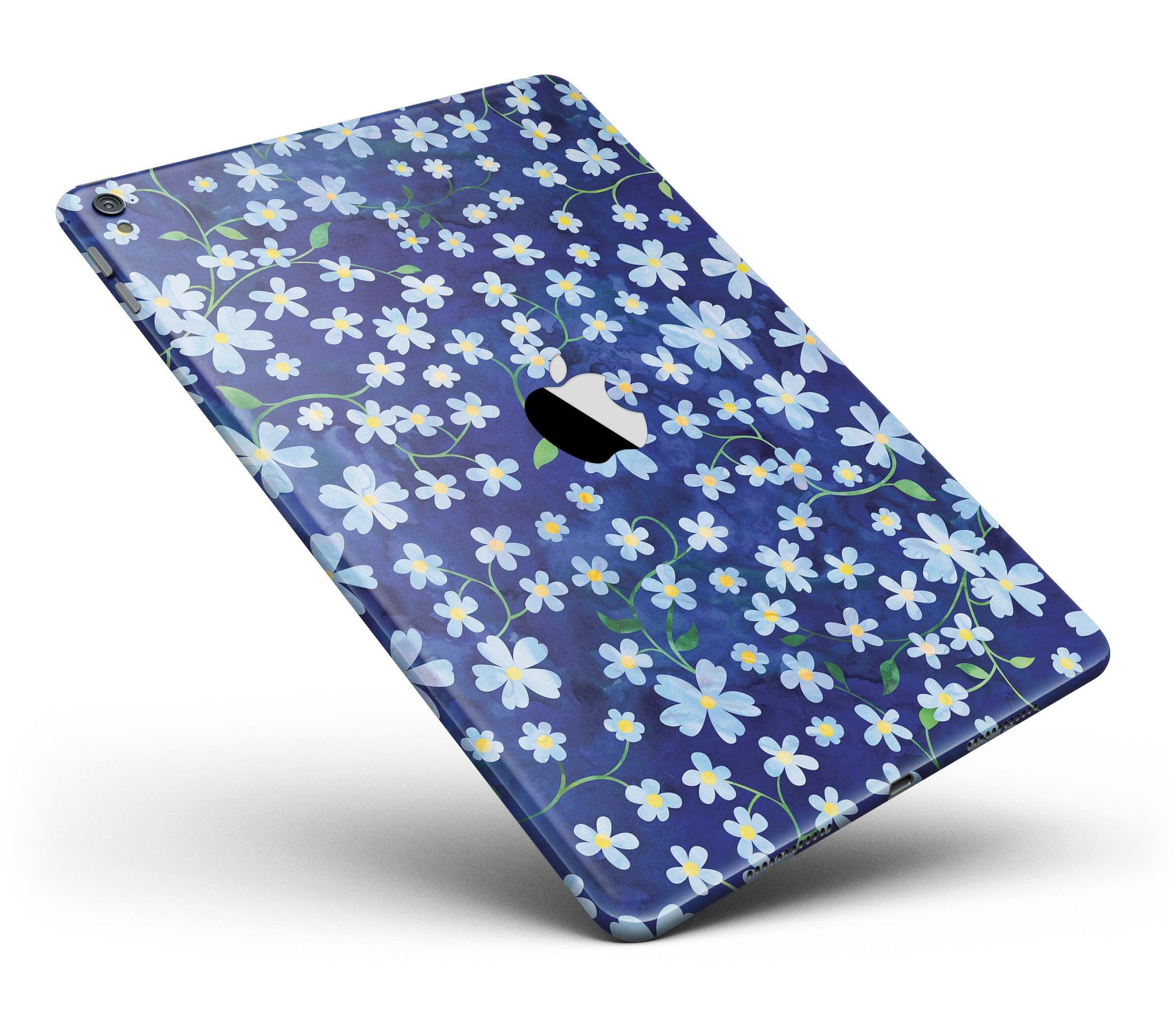 A vibrant iPad skin featuring flowers with stems over a blue watercolor background, showcasing a stylish design.