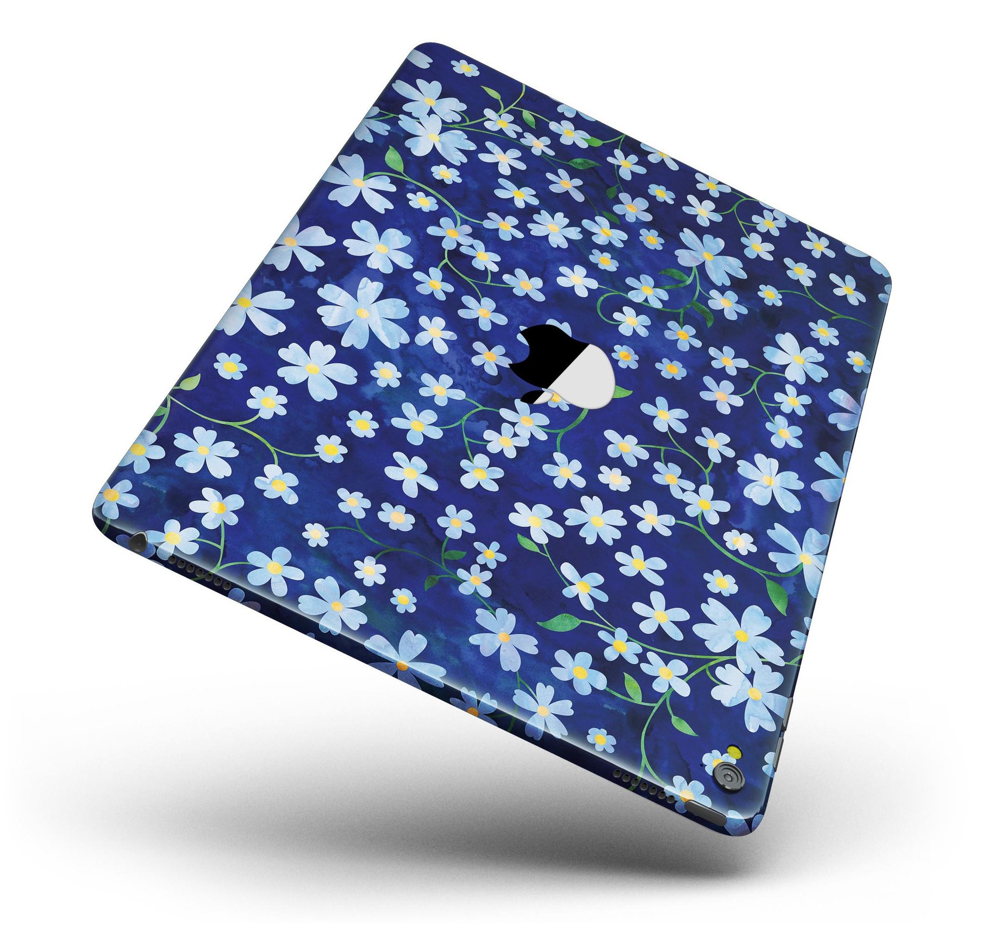 A vibrant iPad skin featuring flowers with stems over a blue watercolor background, showcasing a stylish design.