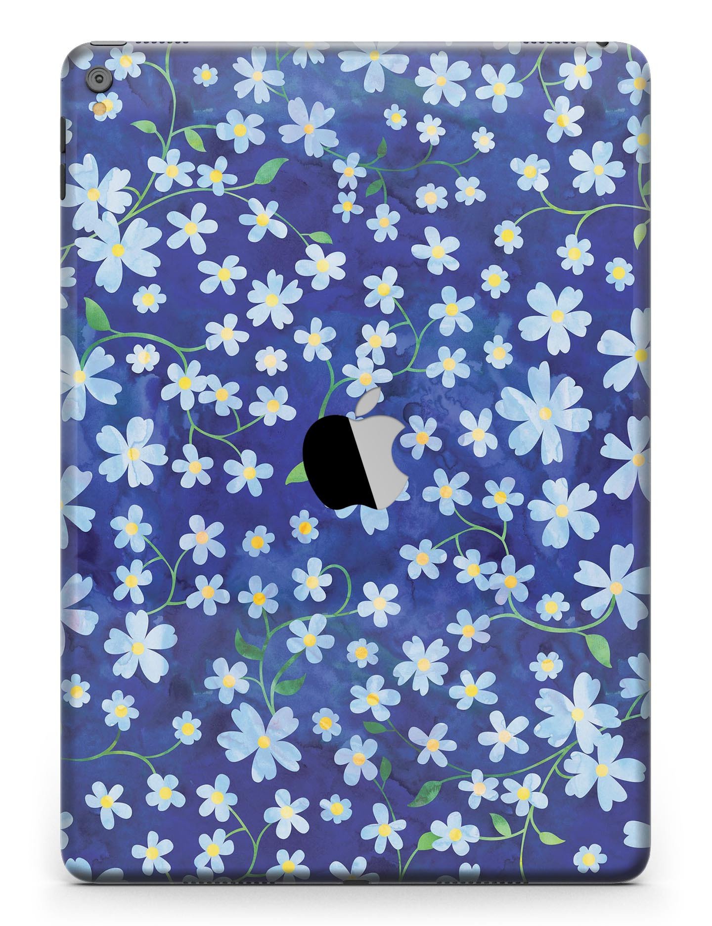 A vibrant iPad skin featuring flowers with stems over a blue watercolor background, showcasing a stylish design.