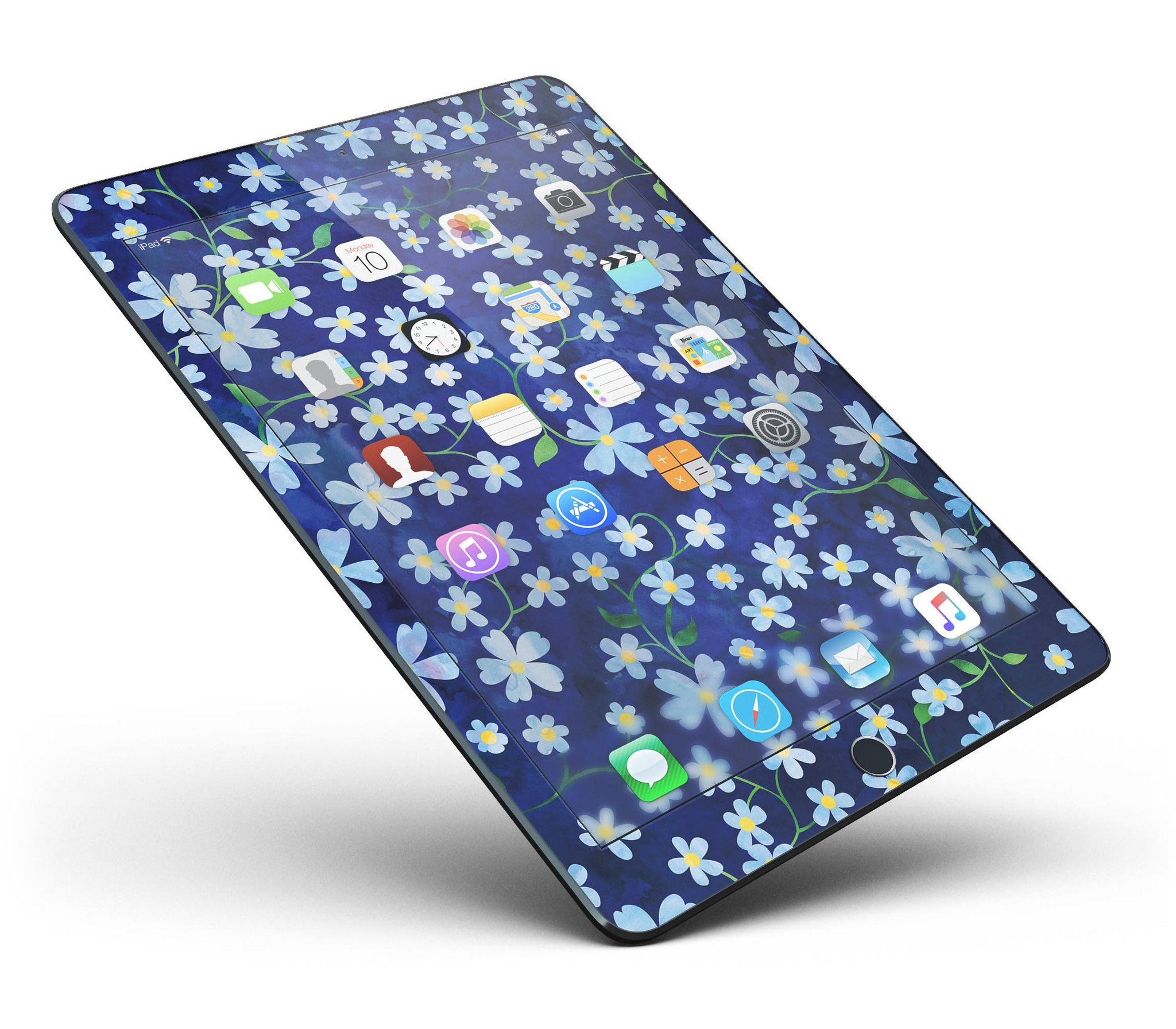 A vibrant iPad skin featuring flowers with stems over a blue watercolor background, showcasing a stylish design.