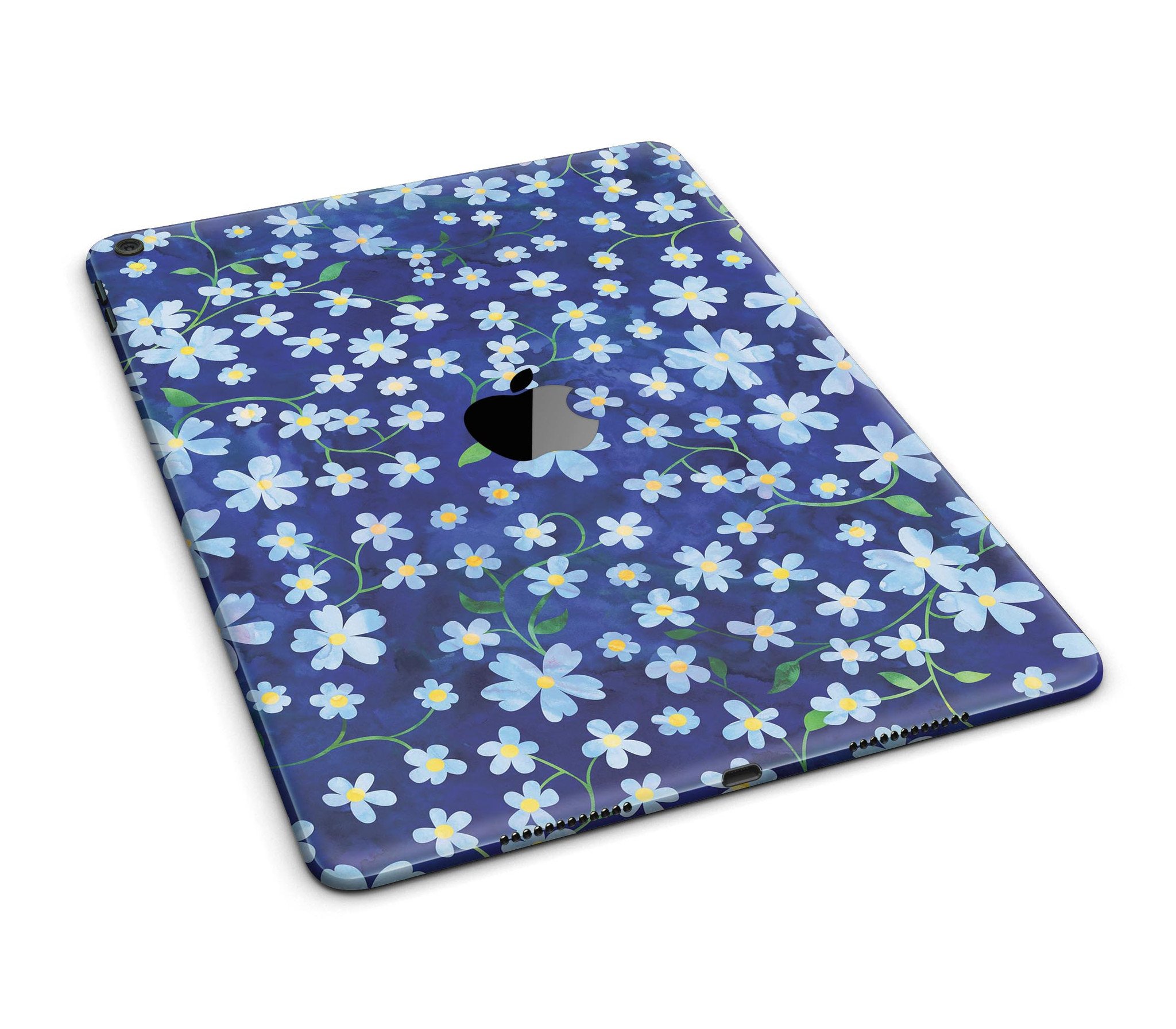 A vibrant iPad skin featuring flowers with stems over a blue watercolor background, showcasing a stylish design.