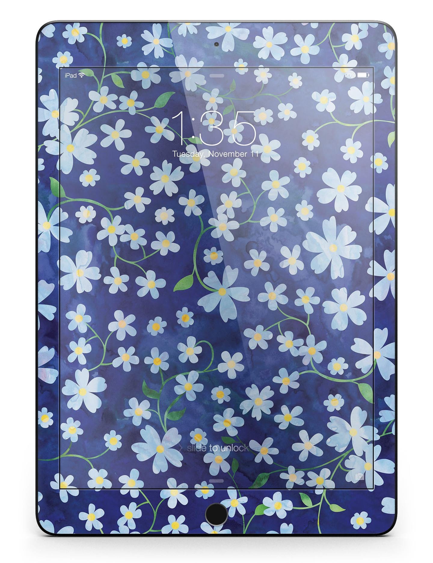 A vibrant iPad skin featuring flowers with stems over a blue watercolor background, showcasing a stylish design.