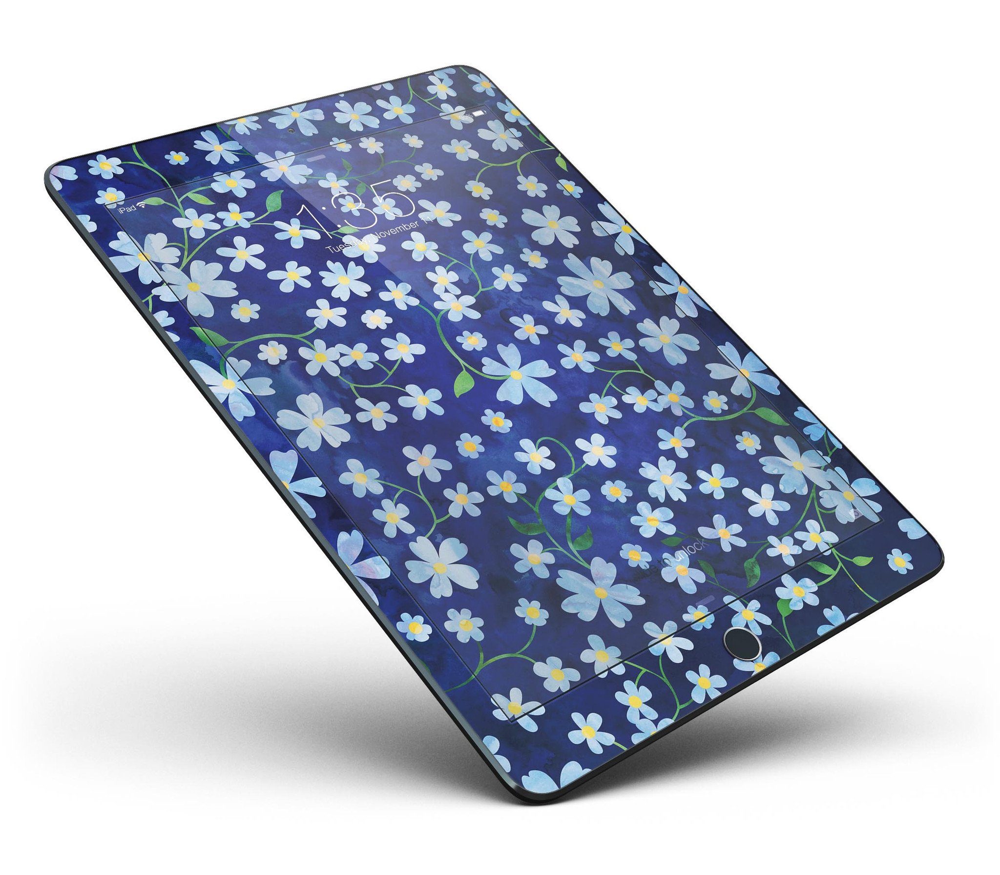 A vibrant iPad skin featuring flowers with stems over a blue watercolor background, showcasing a stylish design.