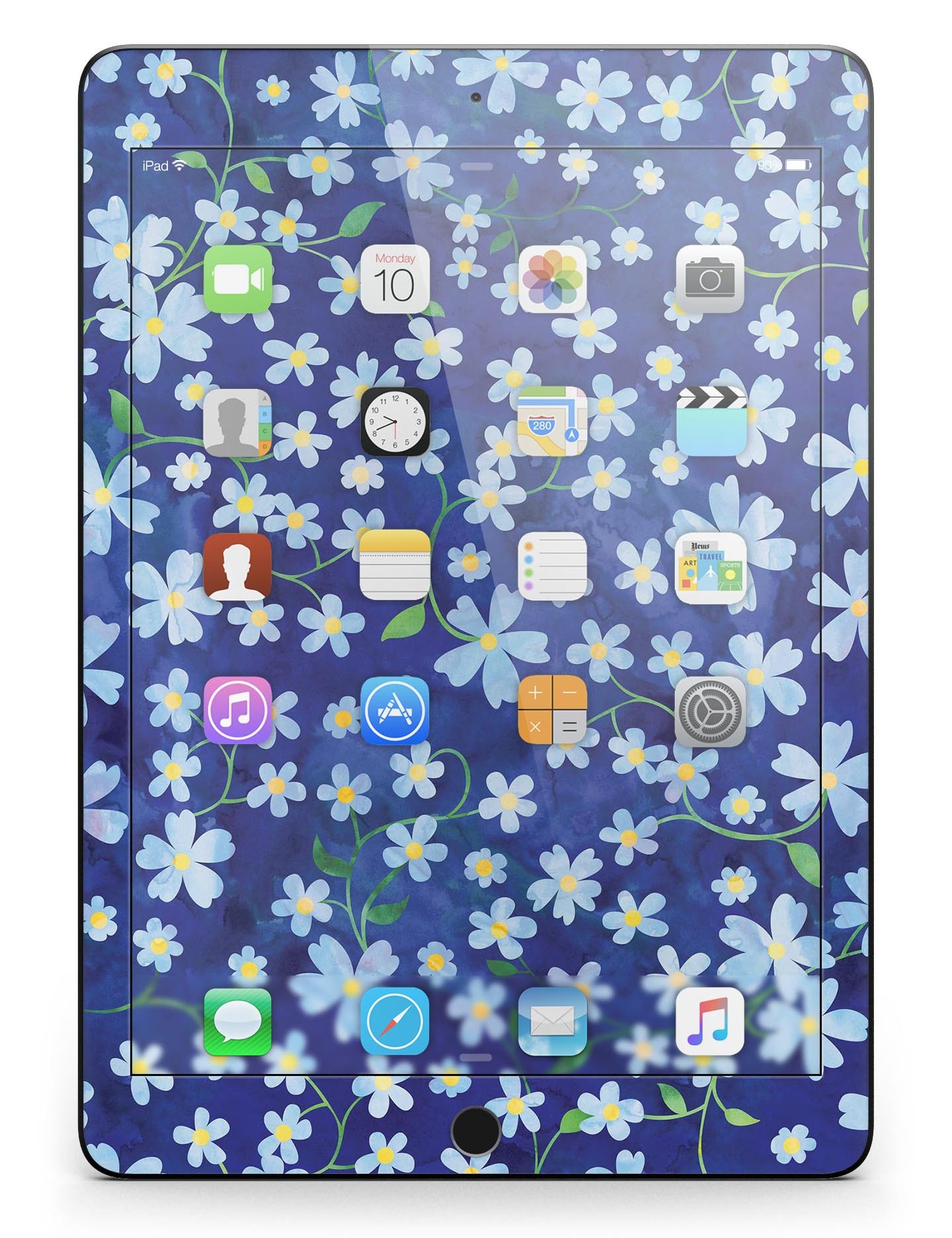 A vibrant iPad skin featuring flowers with stems over a blue watercolor background, showcasing a stylish design.