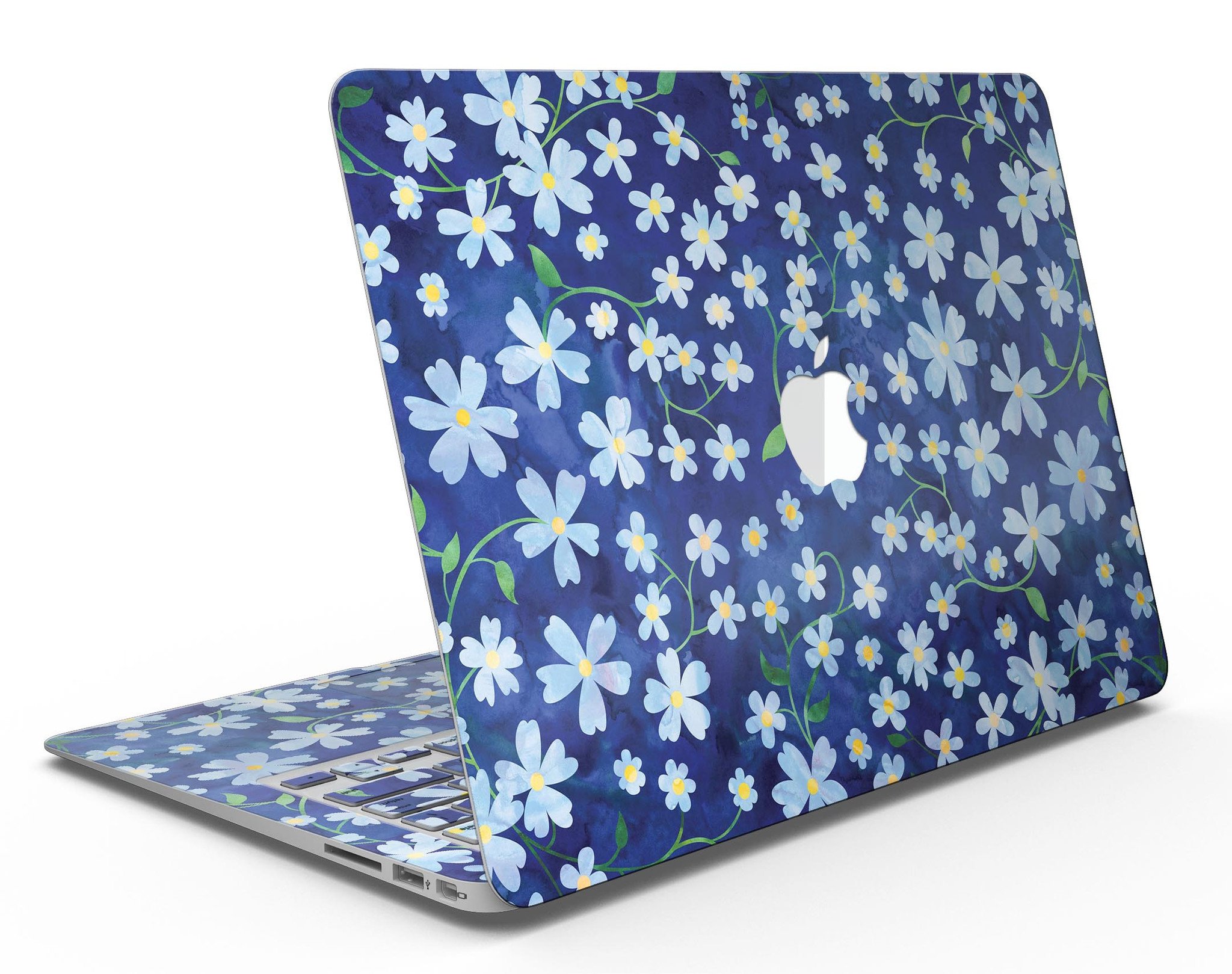 Flowers with Stems design on a blue watercolor background for MacBook Air skin kit, showcasing vibrant colors and intricate details.