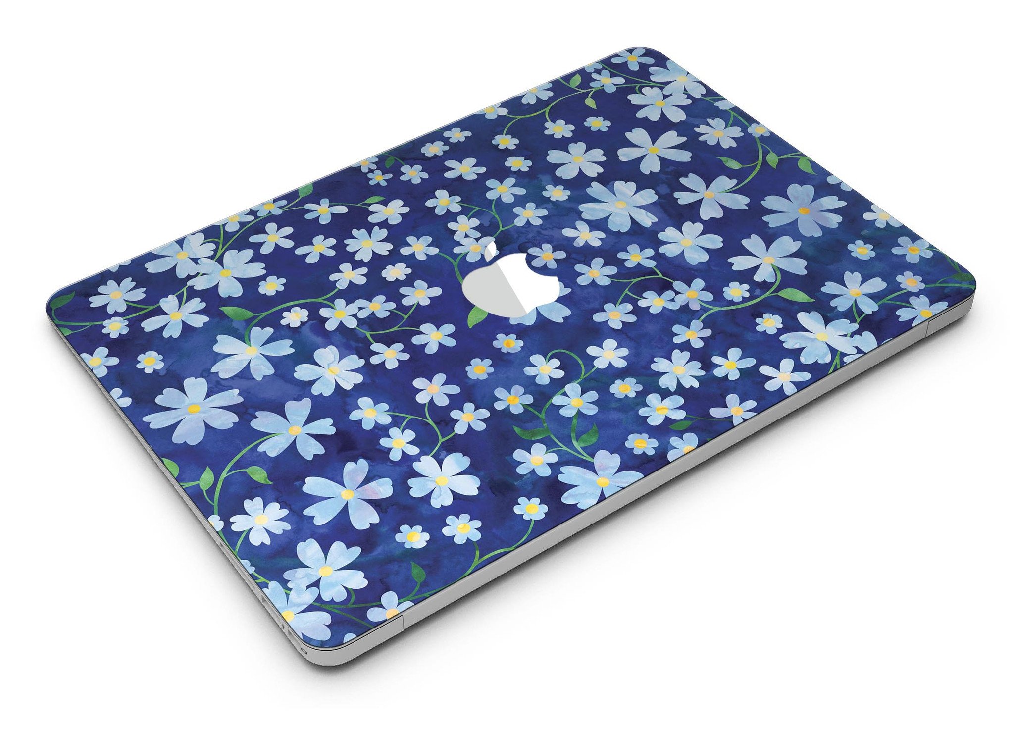 Flowers with Stems design on a blue watercolor background for MacBook Air skin kit, showcasing vibrant colors and intricate details.