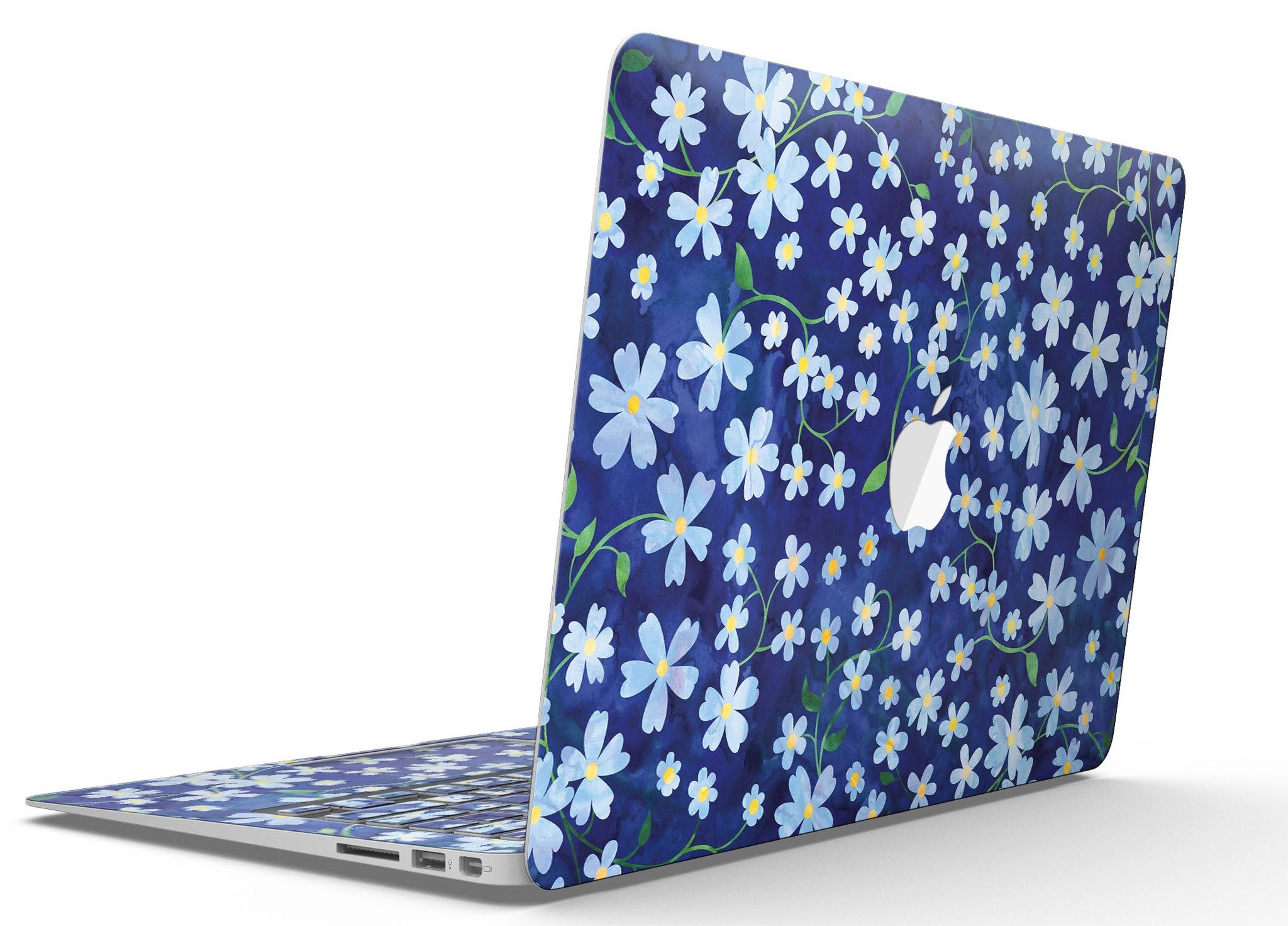 Flowers with Stems design on a blue watercolor background for MacBook Air skin kit, showcasing vibrant colors and intricate details.