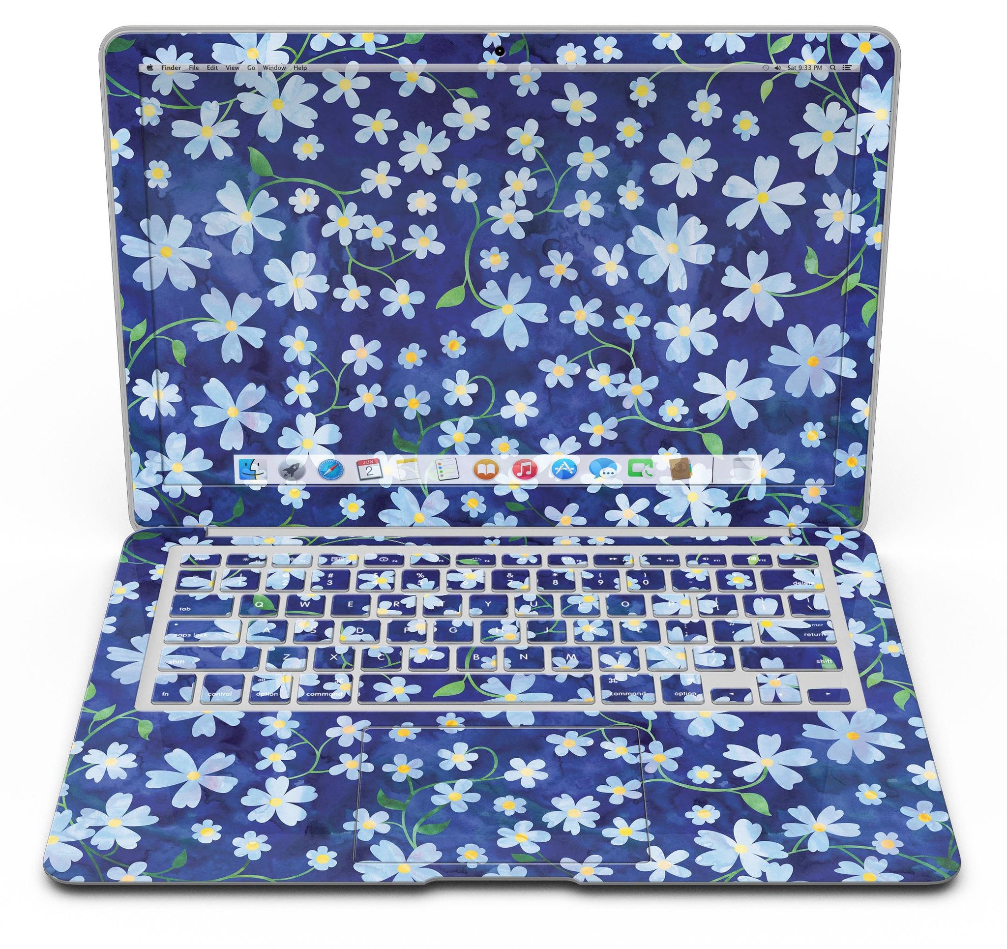 Flowers with Stems design on a blue watercolor background for MacBook Air skin kit, showcasing vibrant colors and intricate details.