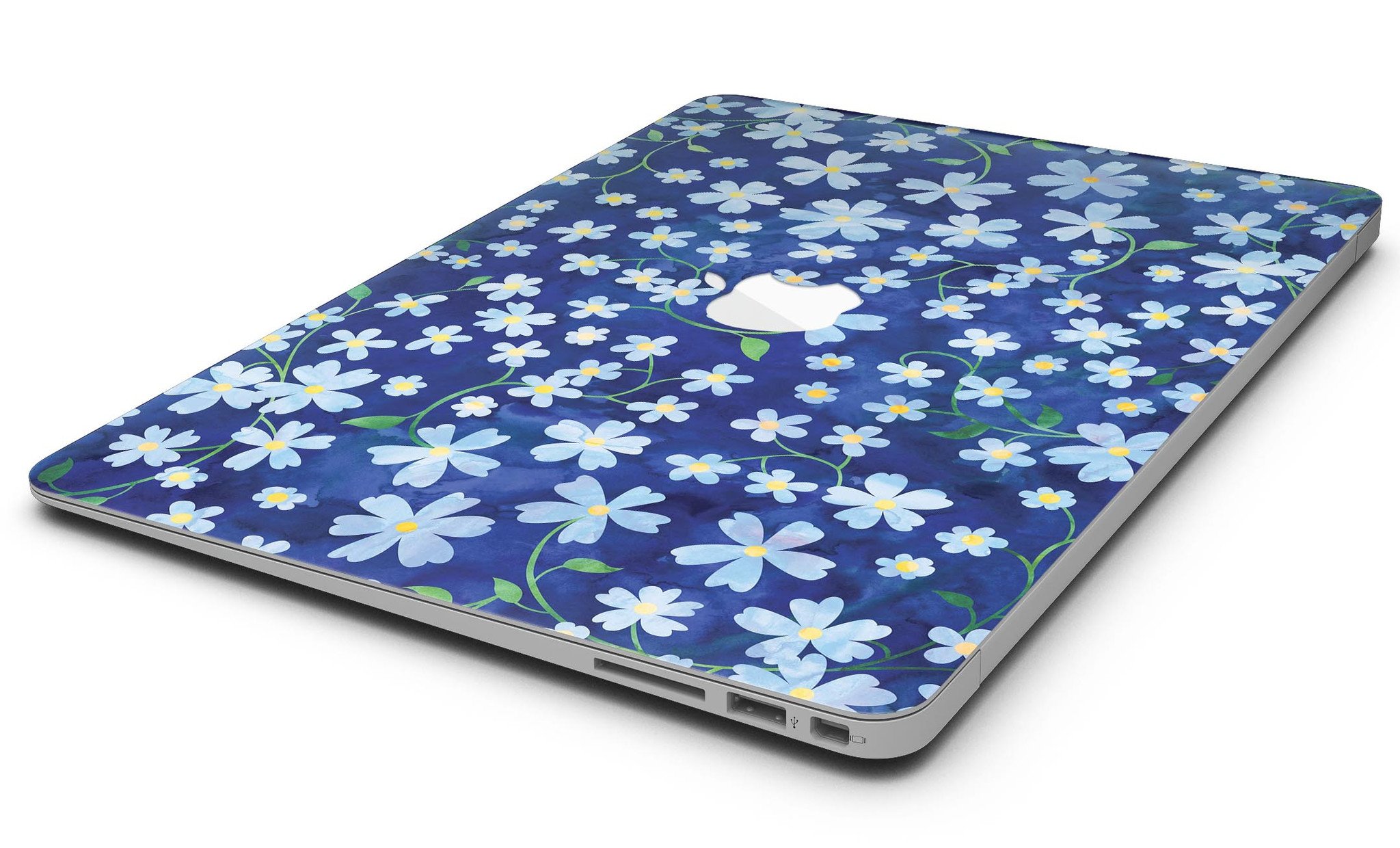 Flowers with Stems design on a blue watercolor background for MacBook Air skin kit, showcasing vibrant colors and intricate details.