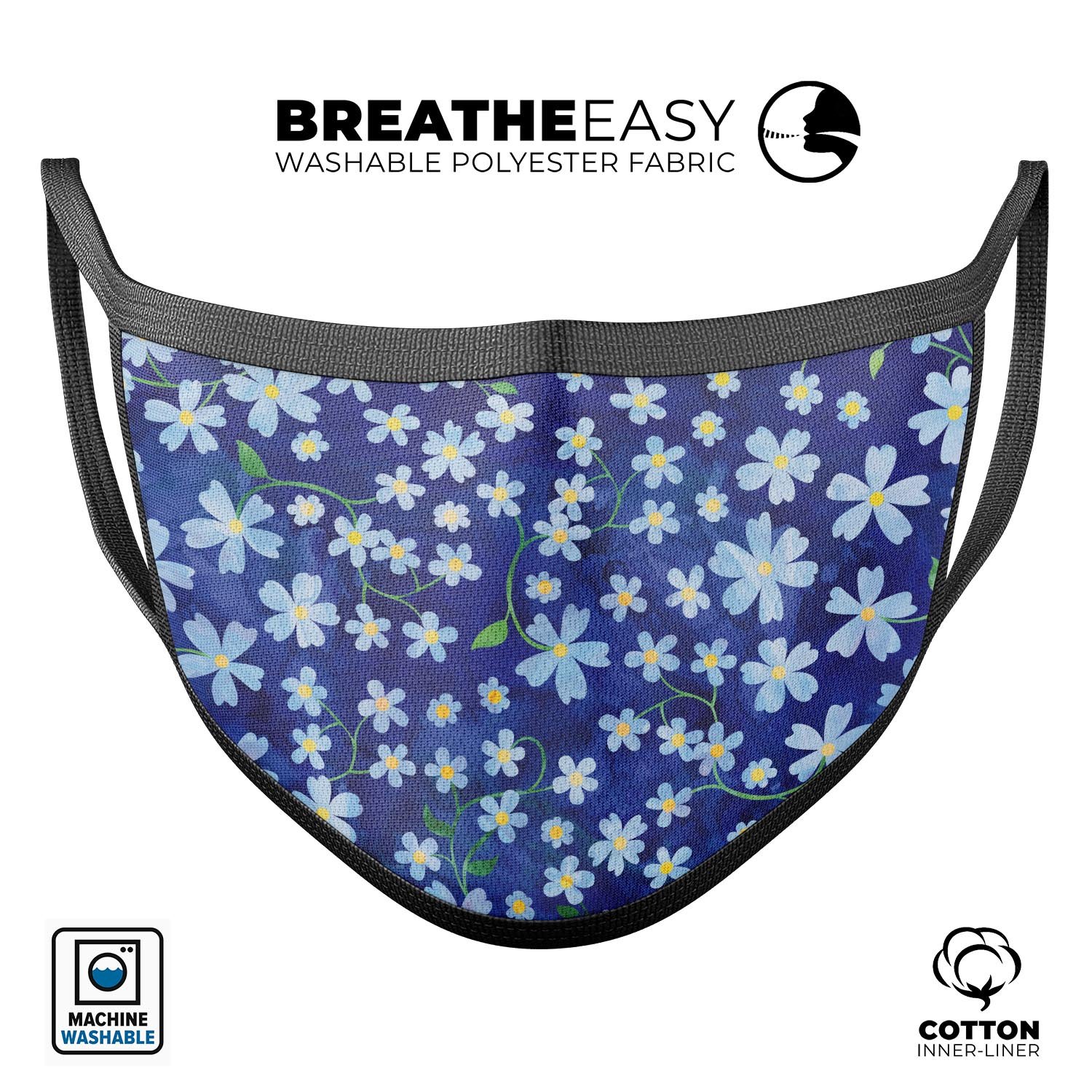 A vibrant reusable face mask featuring flowers with stems over a blue watercolor background, showcasing its stylish design and comfortable fit.