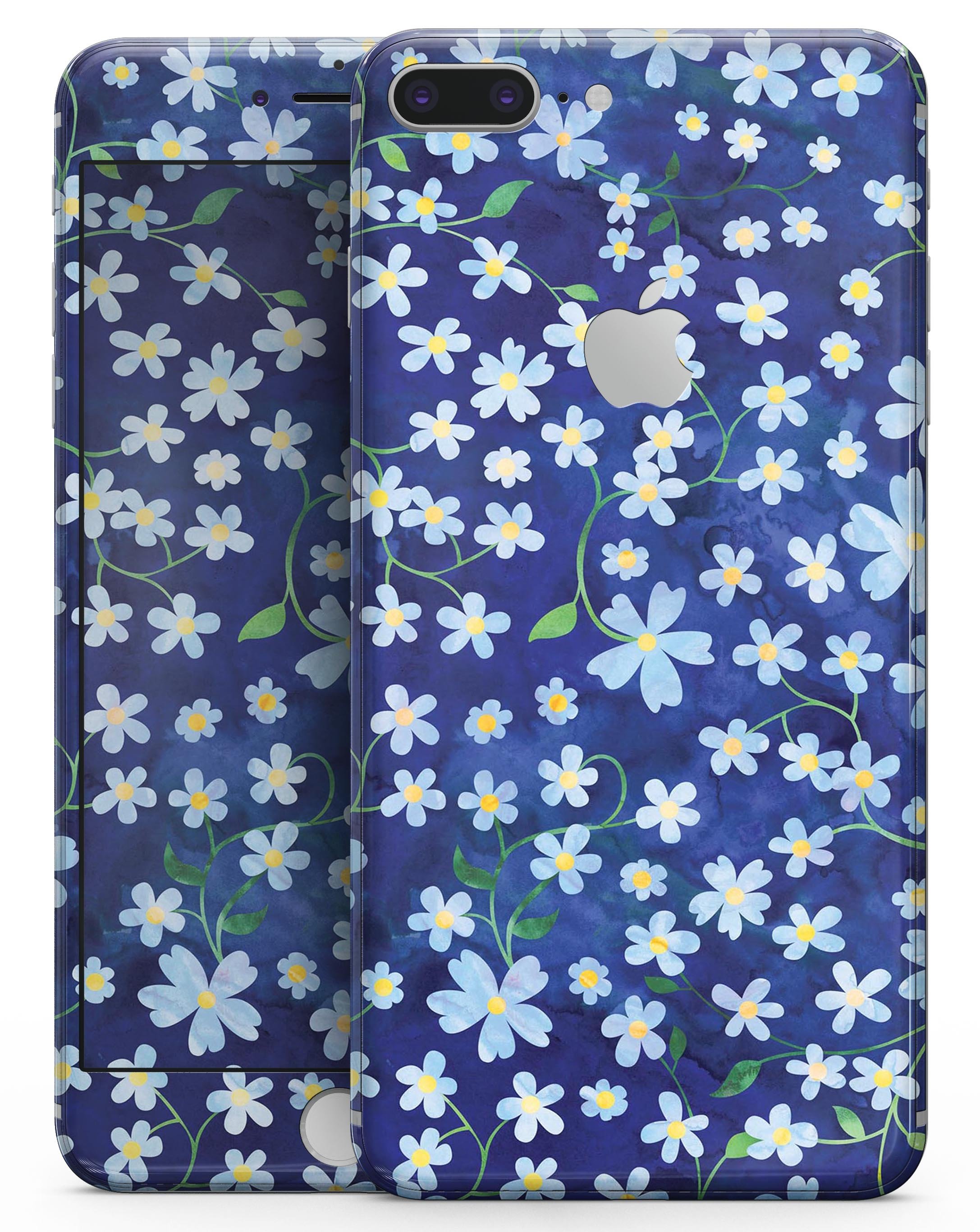 A vibrant floral design featuring flowers with stems over a blue watercolor background, designed for iPhone 8 and 8 Plus skins.