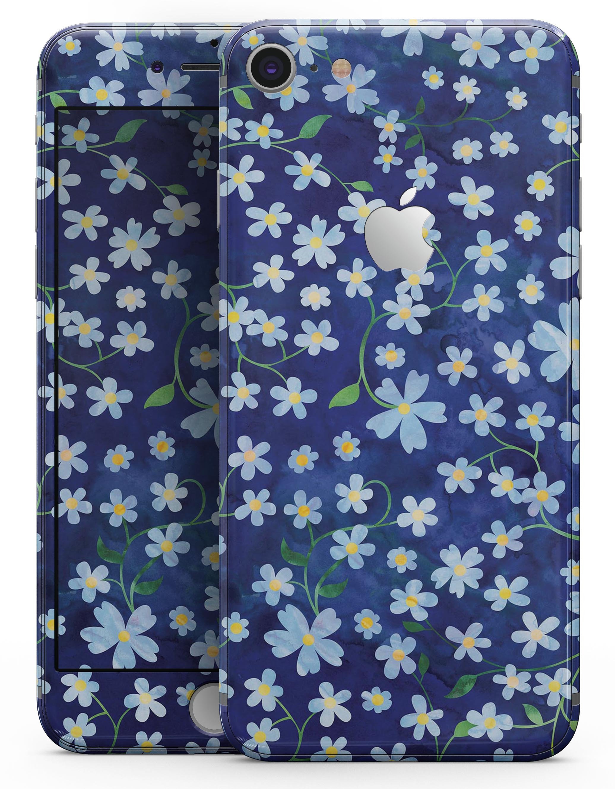 A vibrant floral design featuring flowers with stems over a blue watercolor background, designed for iPhone 8 and 8 Plus skins.