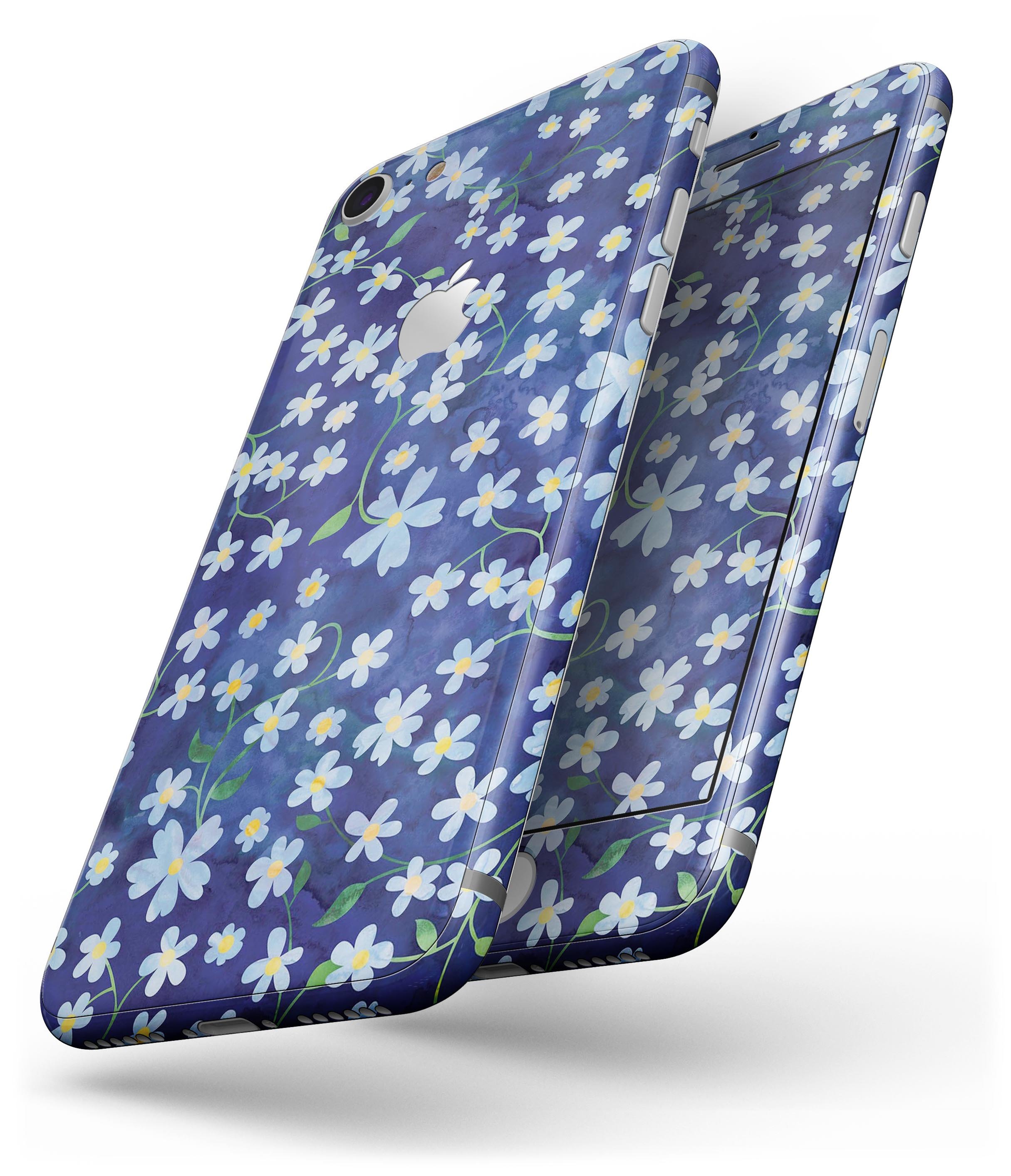 A vibrant floral design featuring flowers with stems over a blue watercolor background, designed for iPhone 8 and 8 Plus skins.