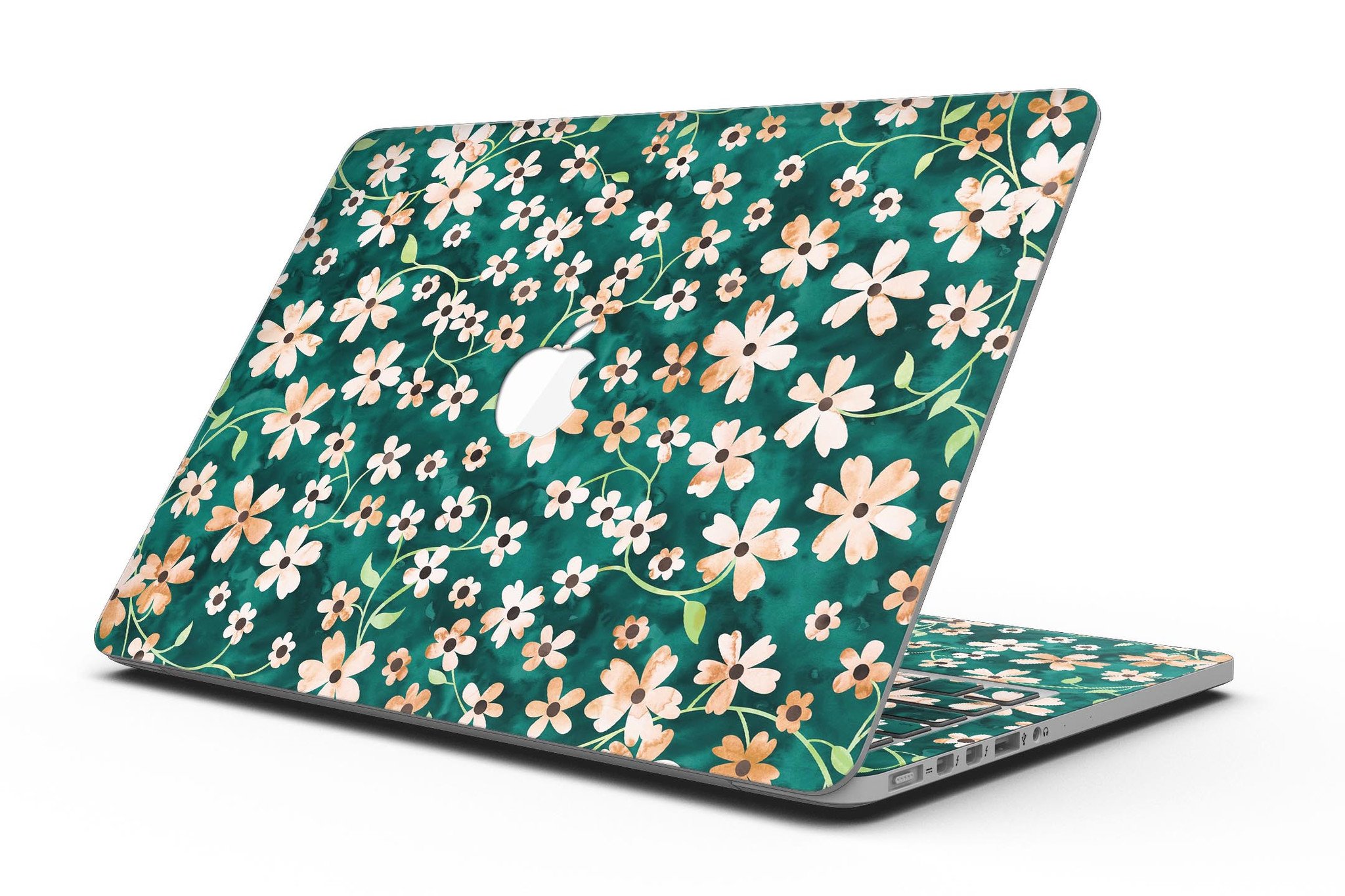 MacBook Pro with a floral design skin featuring stems over deep green watercolor background.