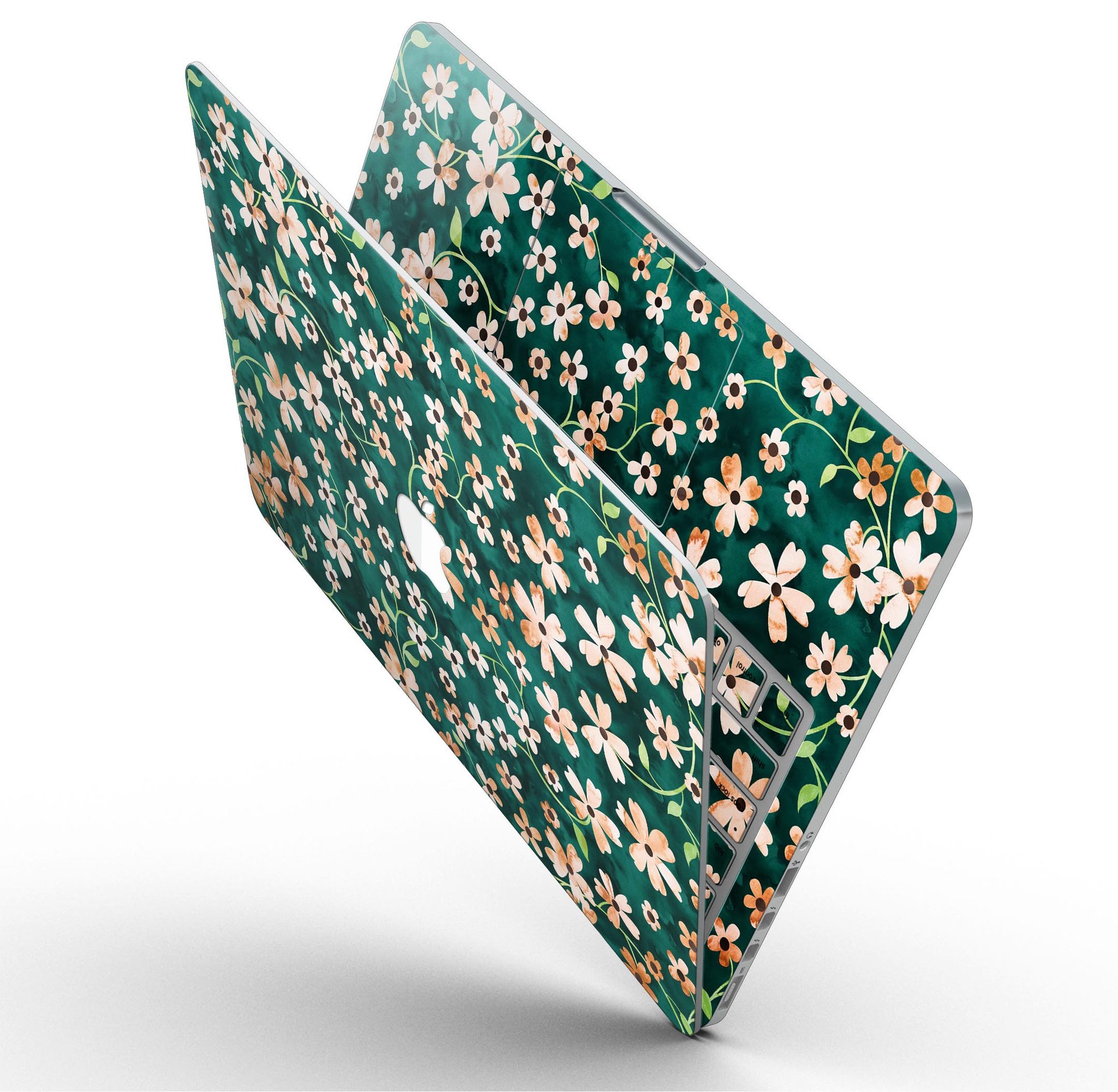 MacBook Pro with a floral design skin featuring stems over deep green watercolor background.