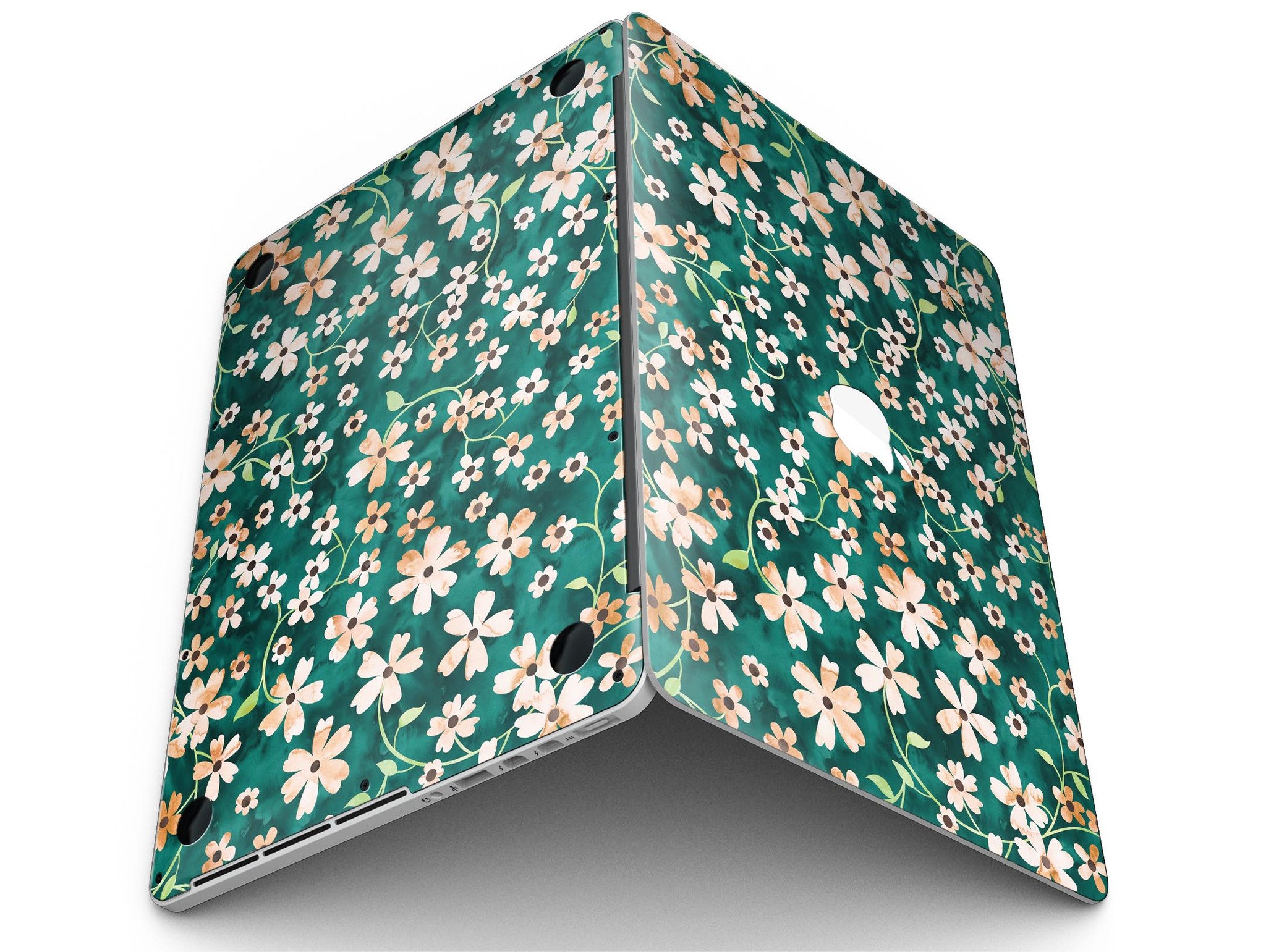 MacBook Pro with a floral design skin featuring stems over deep green watercolor background.