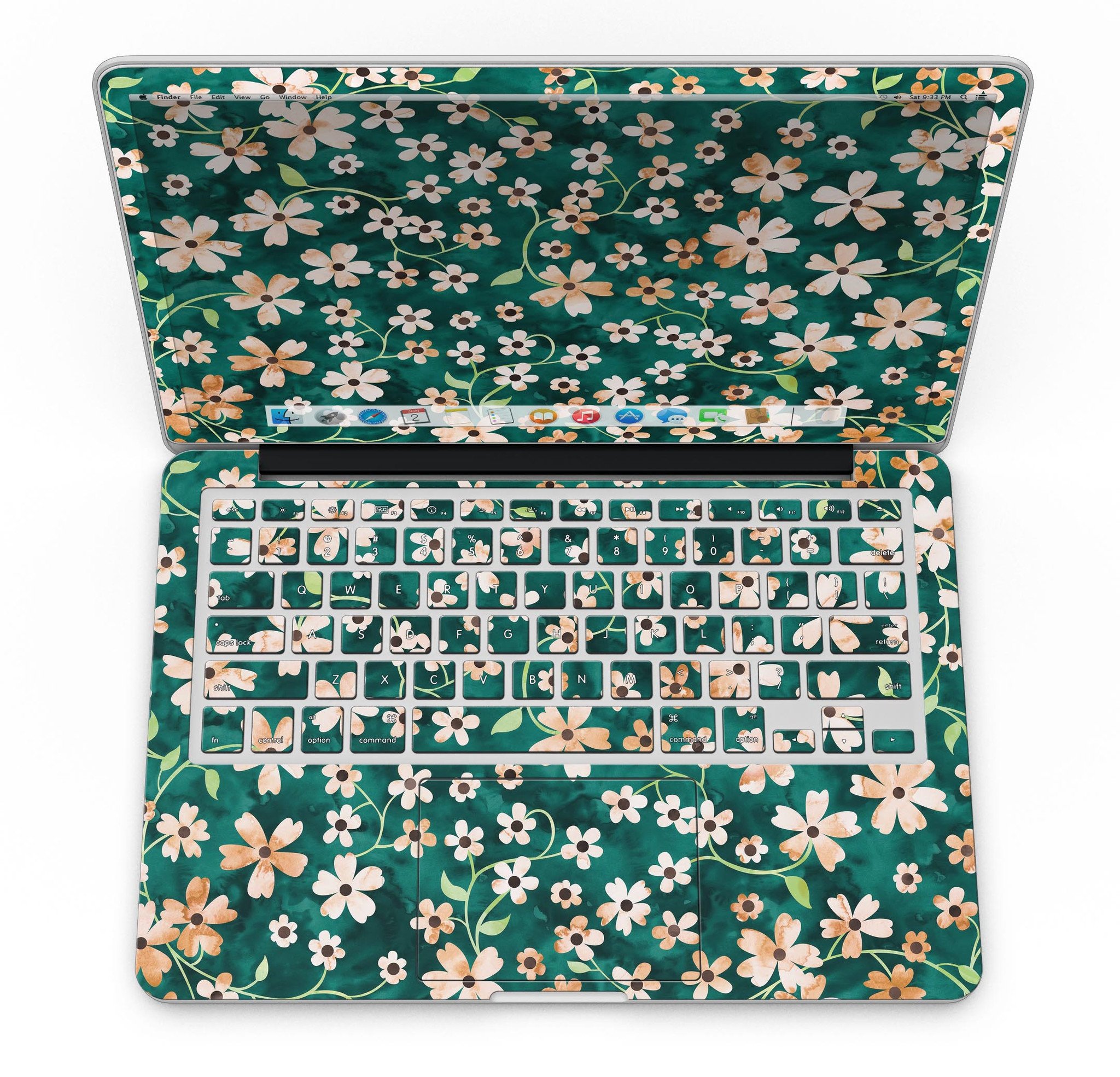 MacBook Pro with a floral design skin featuring stems over deep green watercolor background.