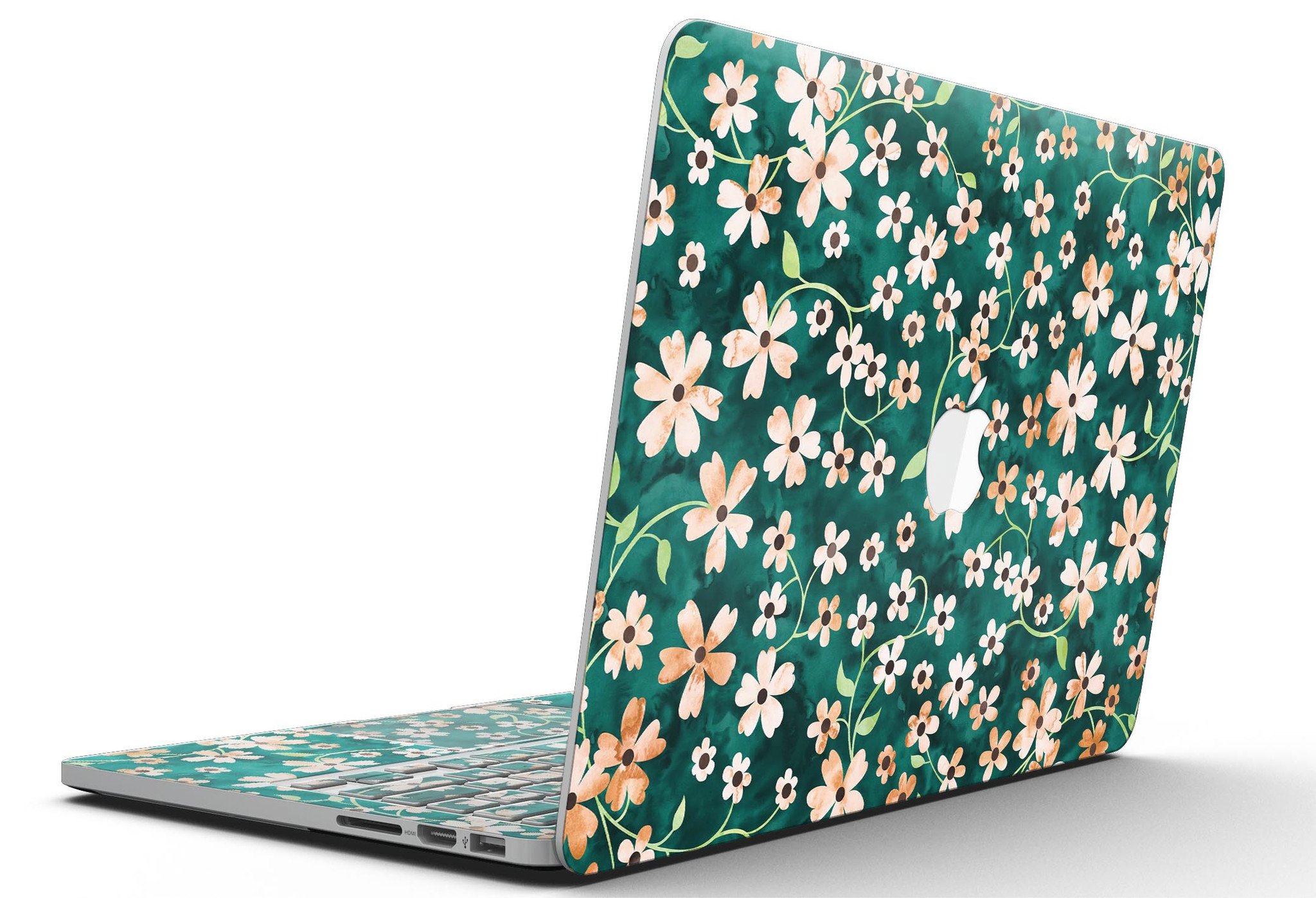 MacBook Pro with a floral design skin featuring stems over deep green watercolor background.