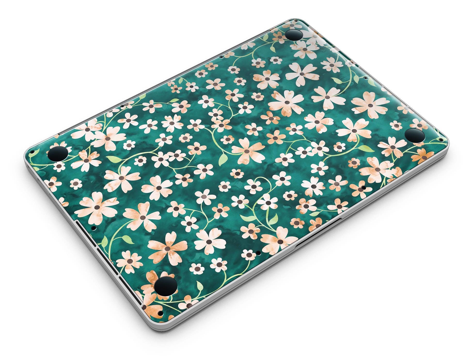 MacBook Pro with a floral design skin featuring stems over deep green watercolor background.