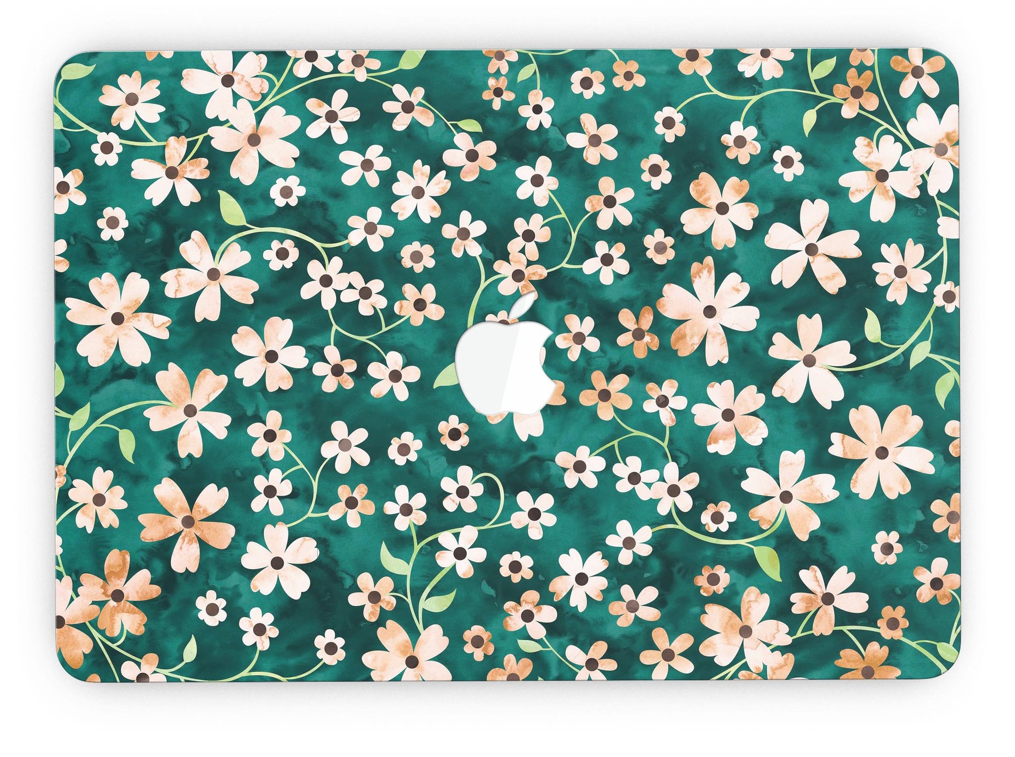 MacBook Pro with a floral design skin featuring stems over deep green watercolor background.