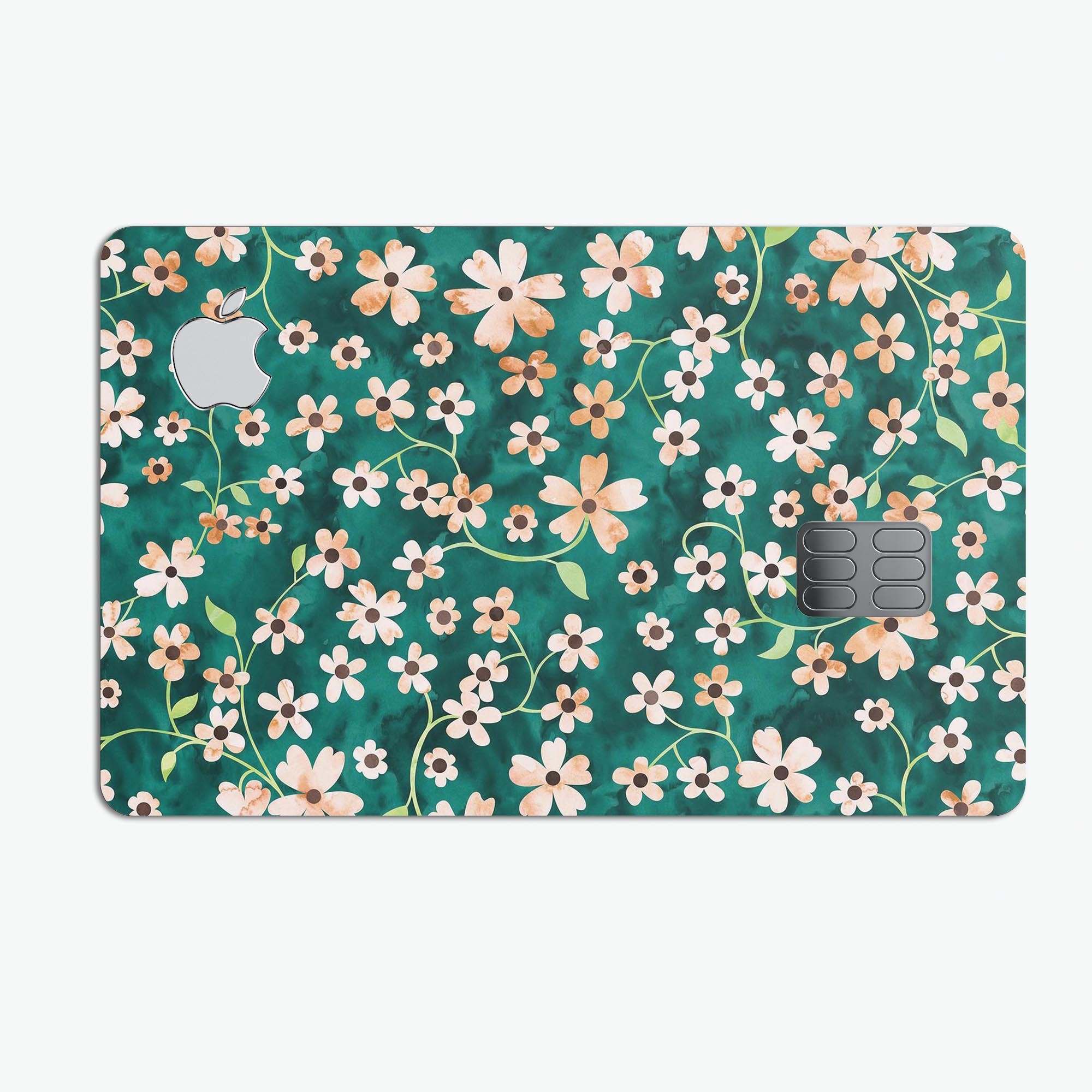 Premium protective skin for Apple Card featuring flowers with stems design over deep green watercolor background.