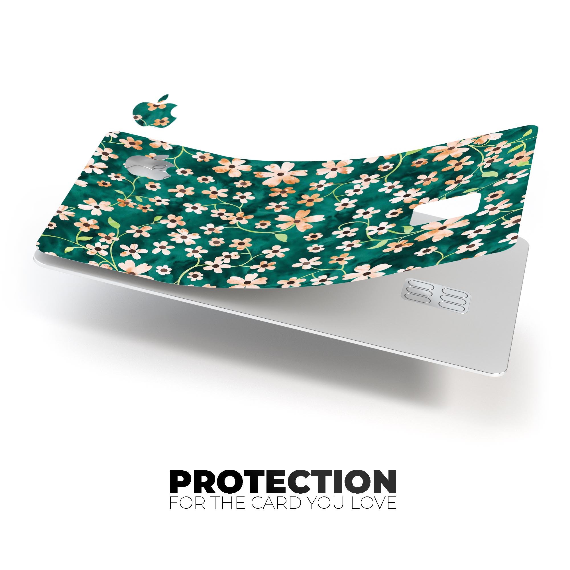 Premium protective skin for Apple Card featuring flowers with stems design over deep green watercolor background.