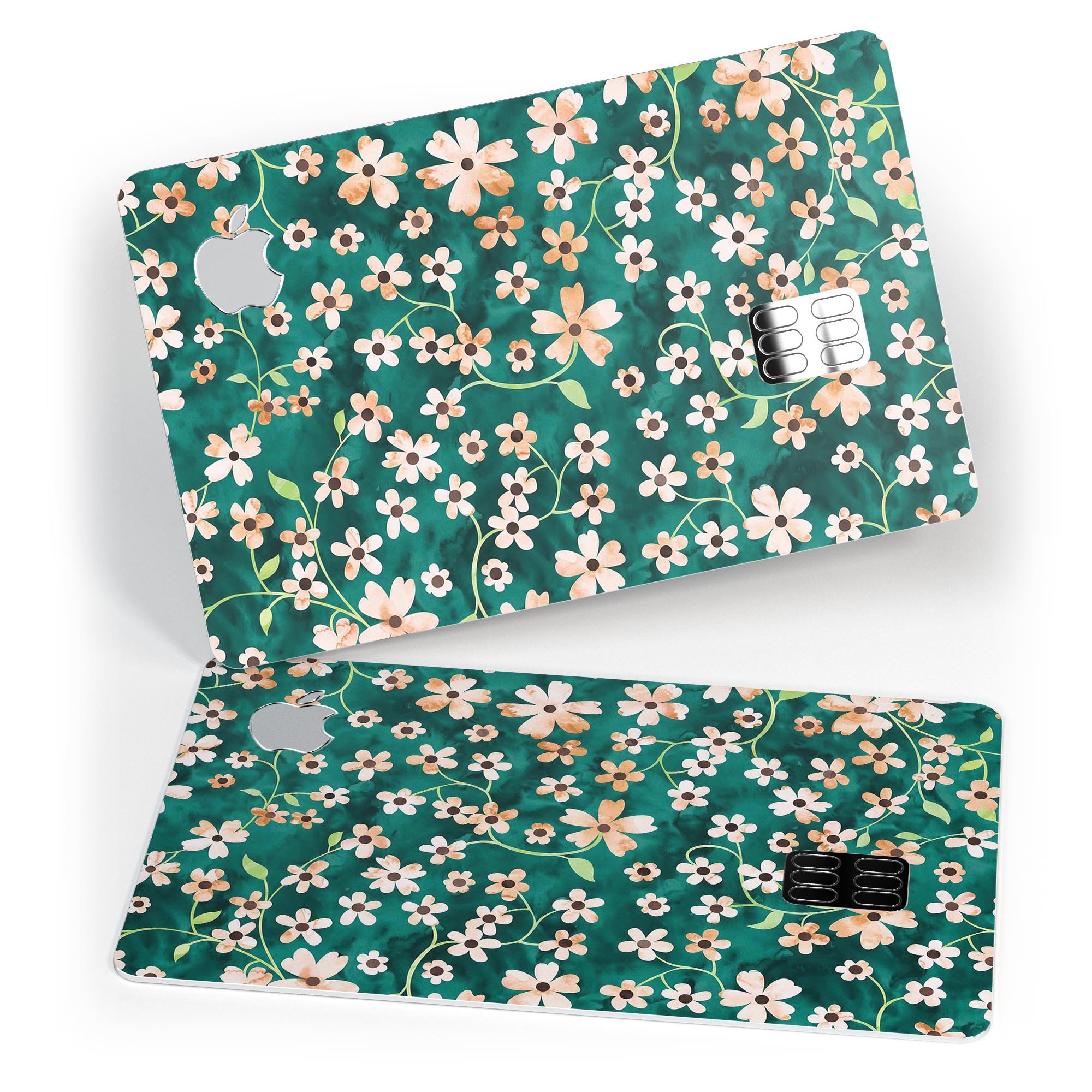 Premium protective skin for Apple Card featuring flowers with stems design over deep green watercolor background.