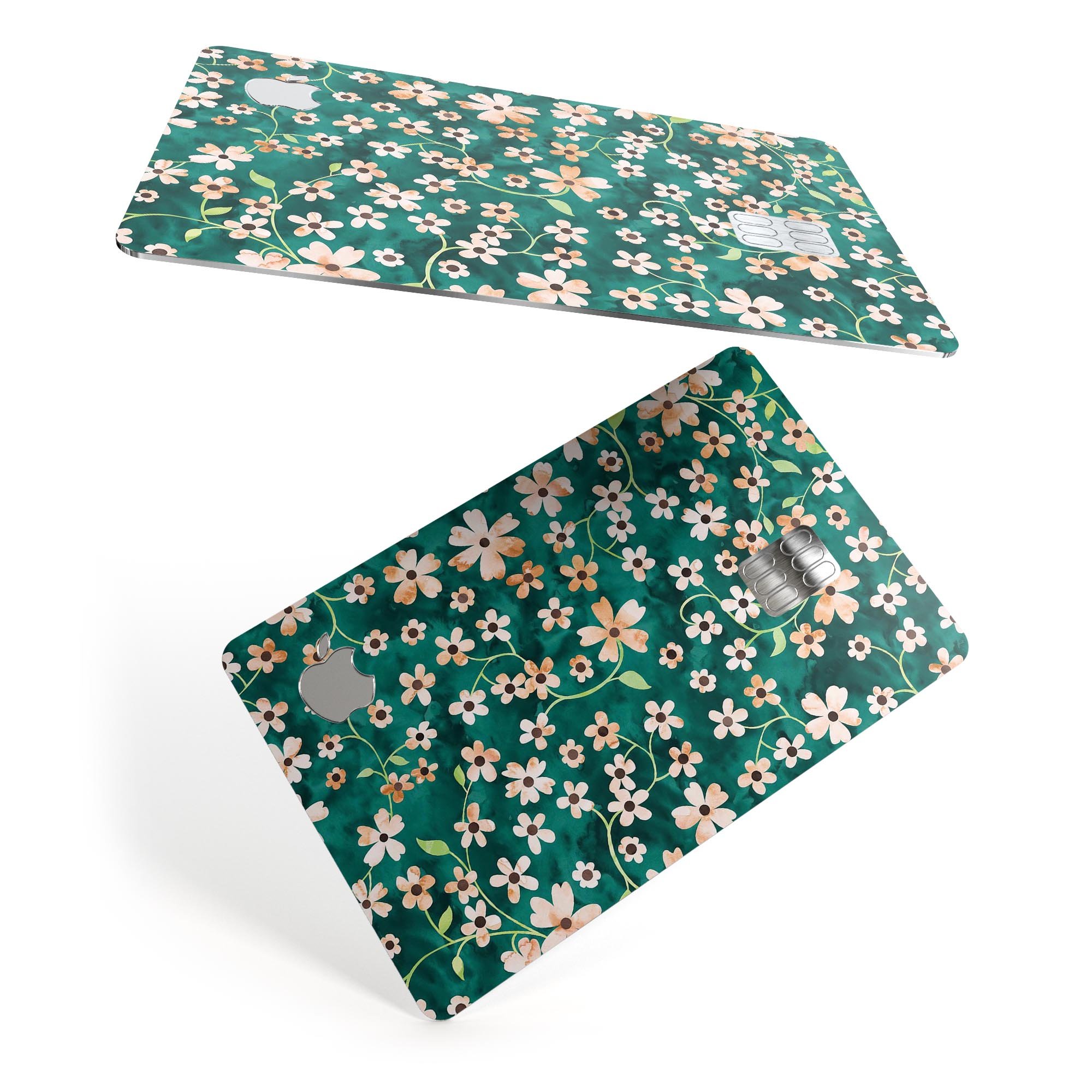 Premium protective skin for Apple Card featuring flowers with stems design over deep green watercolor background.