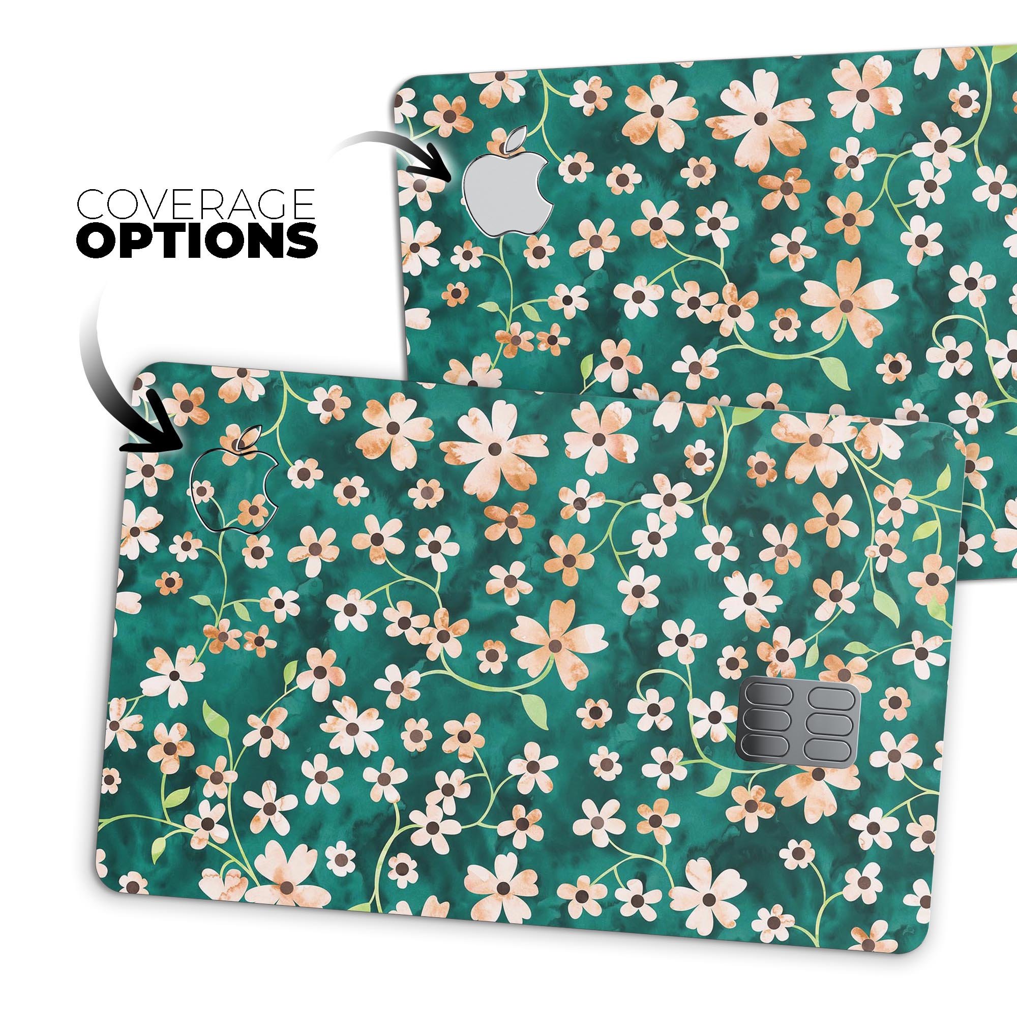 Premium protective skin for Apple Card featuring flowers with stems design over deep green watercolor background.