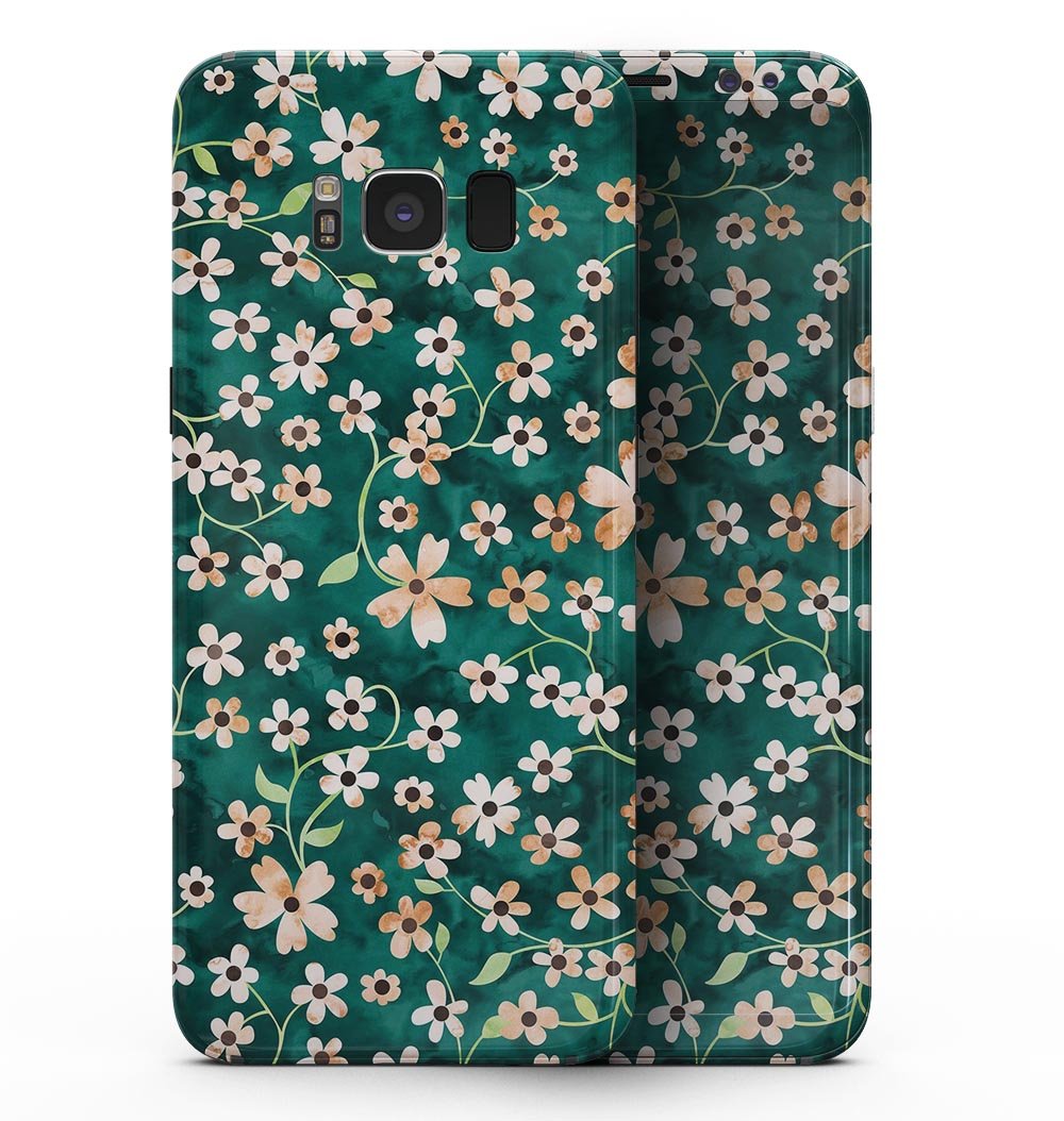 Samsung Galaxy S8 with a floral design skin featuring flowers and stems over a deep green watercolor background.