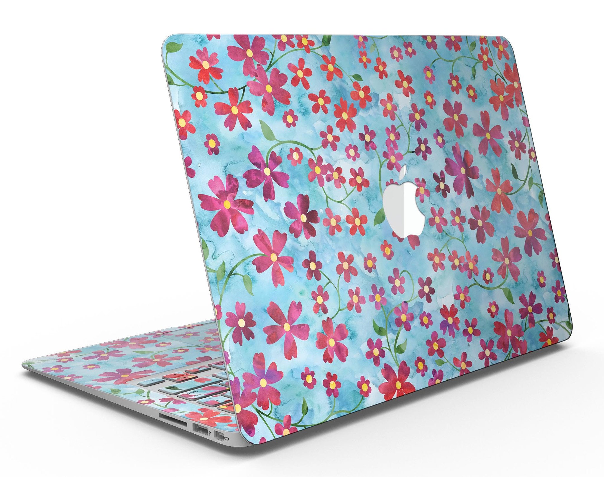 A MacBook Air adorned with a Flowers with Stems skin over a light blue watercolor background, showcasing its stylish design.