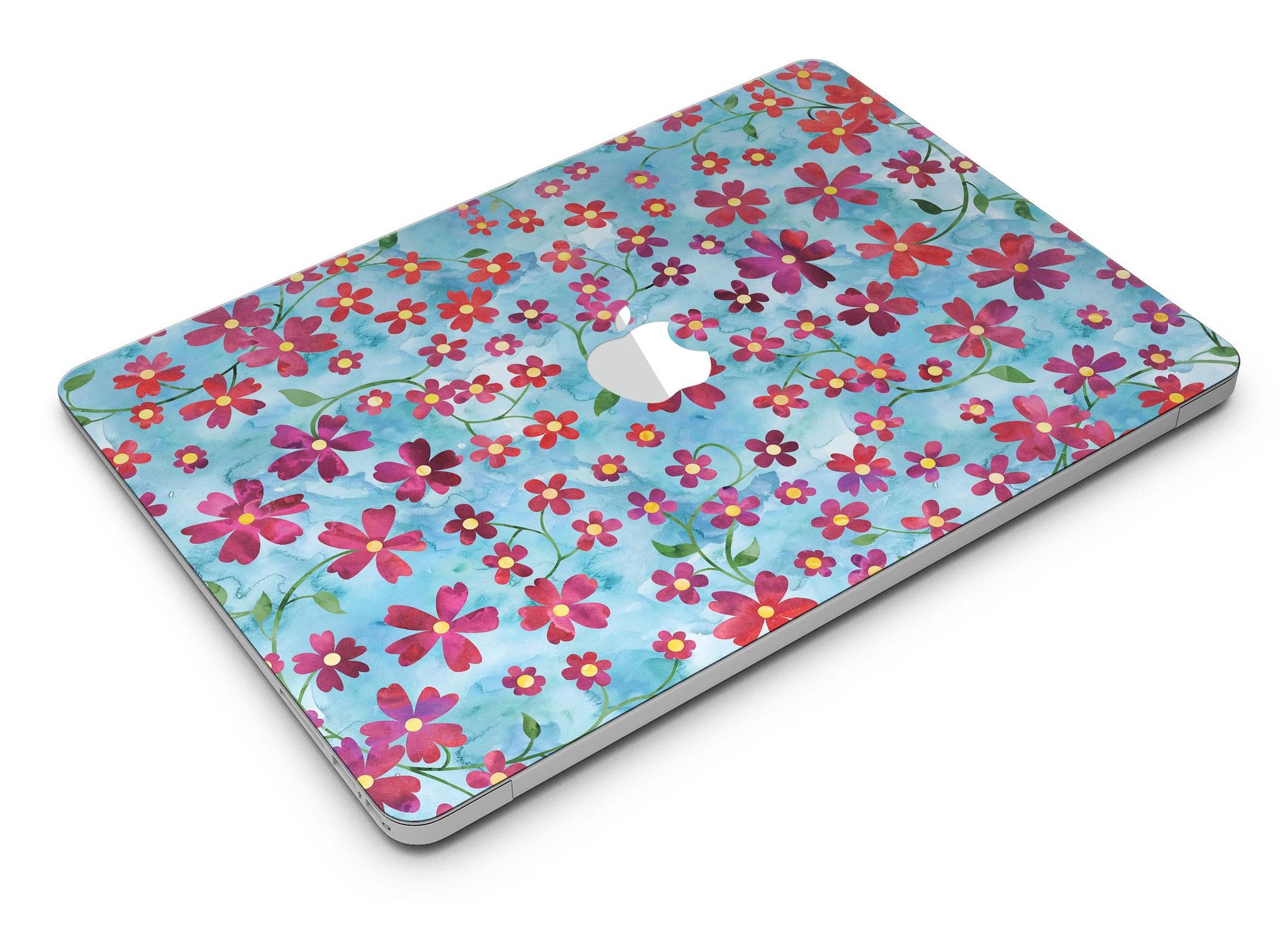 A MacBook Air adorned with a Flowers with Stems skin over a light blue watercolor background, showcasing its stylish design.