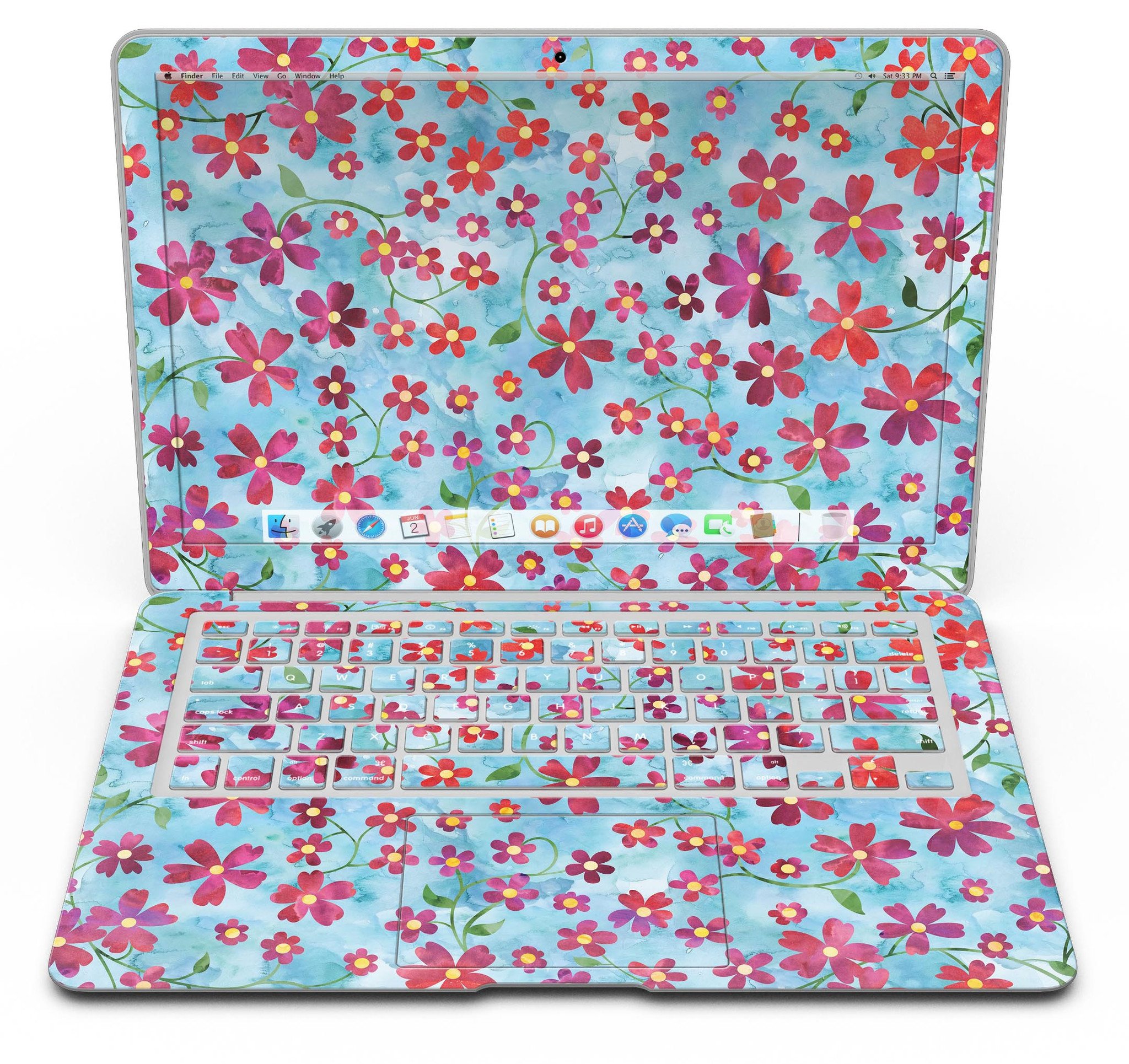 A MacBook Air adorned with a Flowers with Stems skin over a light blue watercolor background, showcasing its stylish design.