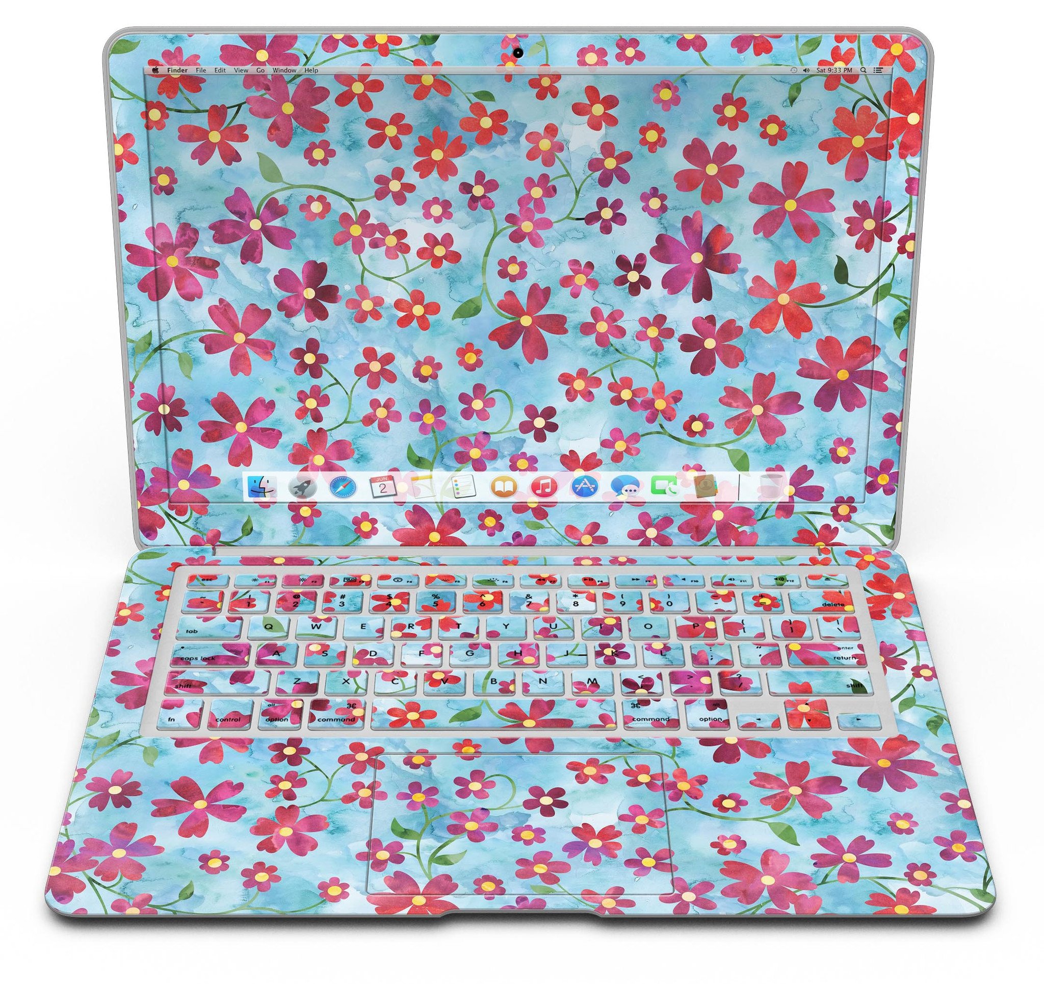 A MacBook Air adorned with a Flowers with Stems skin over a light blue watercolor background, showcasing its stylish design.