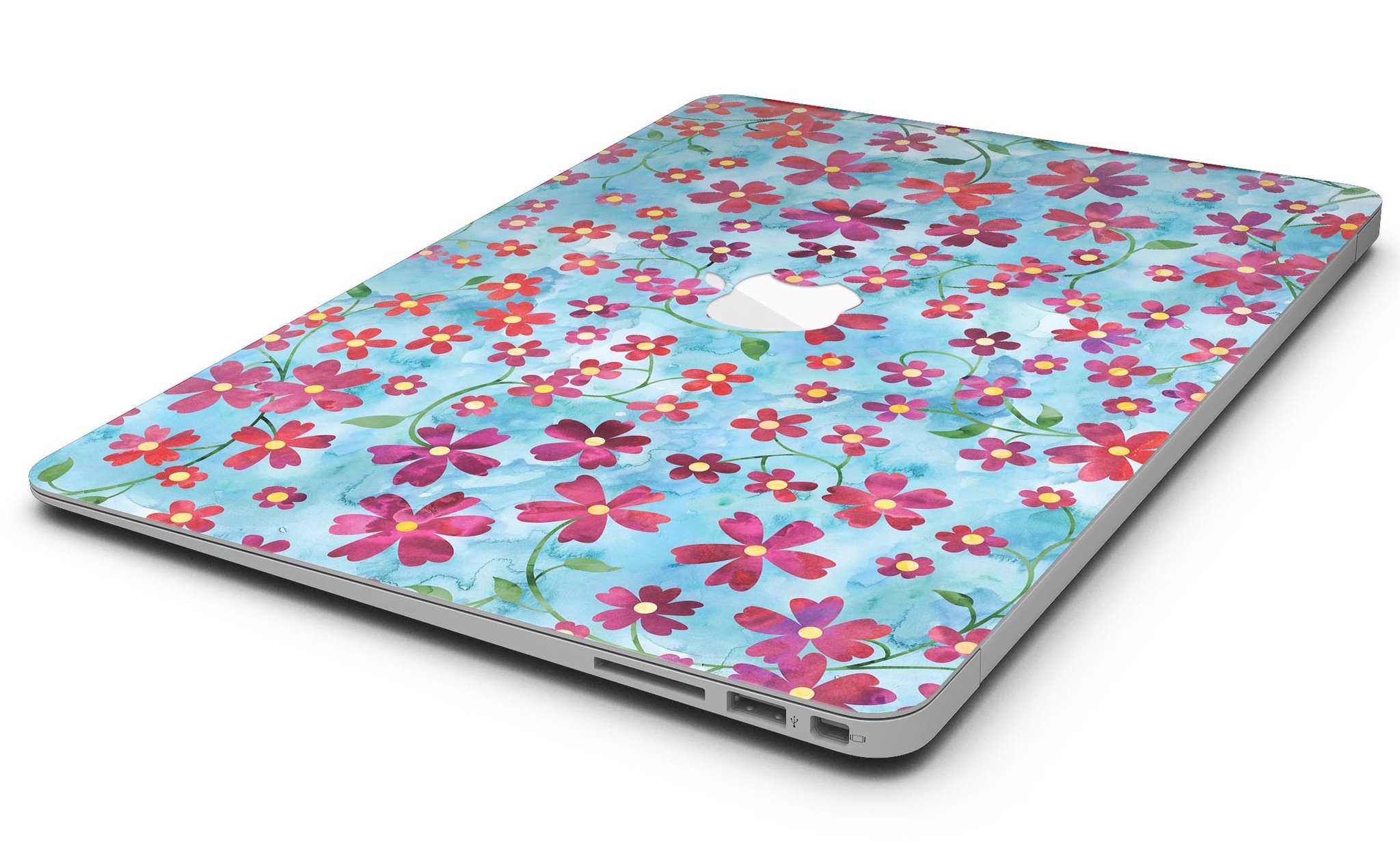 A MacBook Air adorned with a Flowers with Stems skin over a light blue watercolor background, showcasing its stylish design.