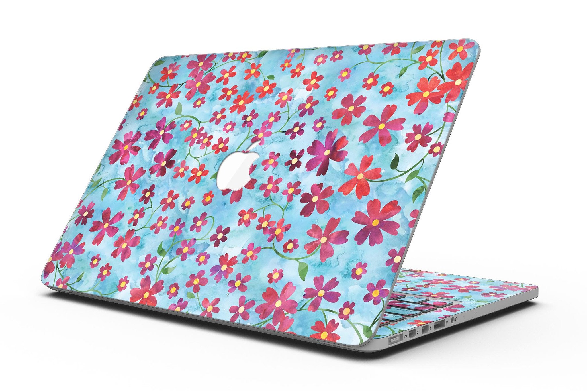 A MacBook Pro with a floral skin featuring stems over a light blue watercolor background, showcasing elegance and style.