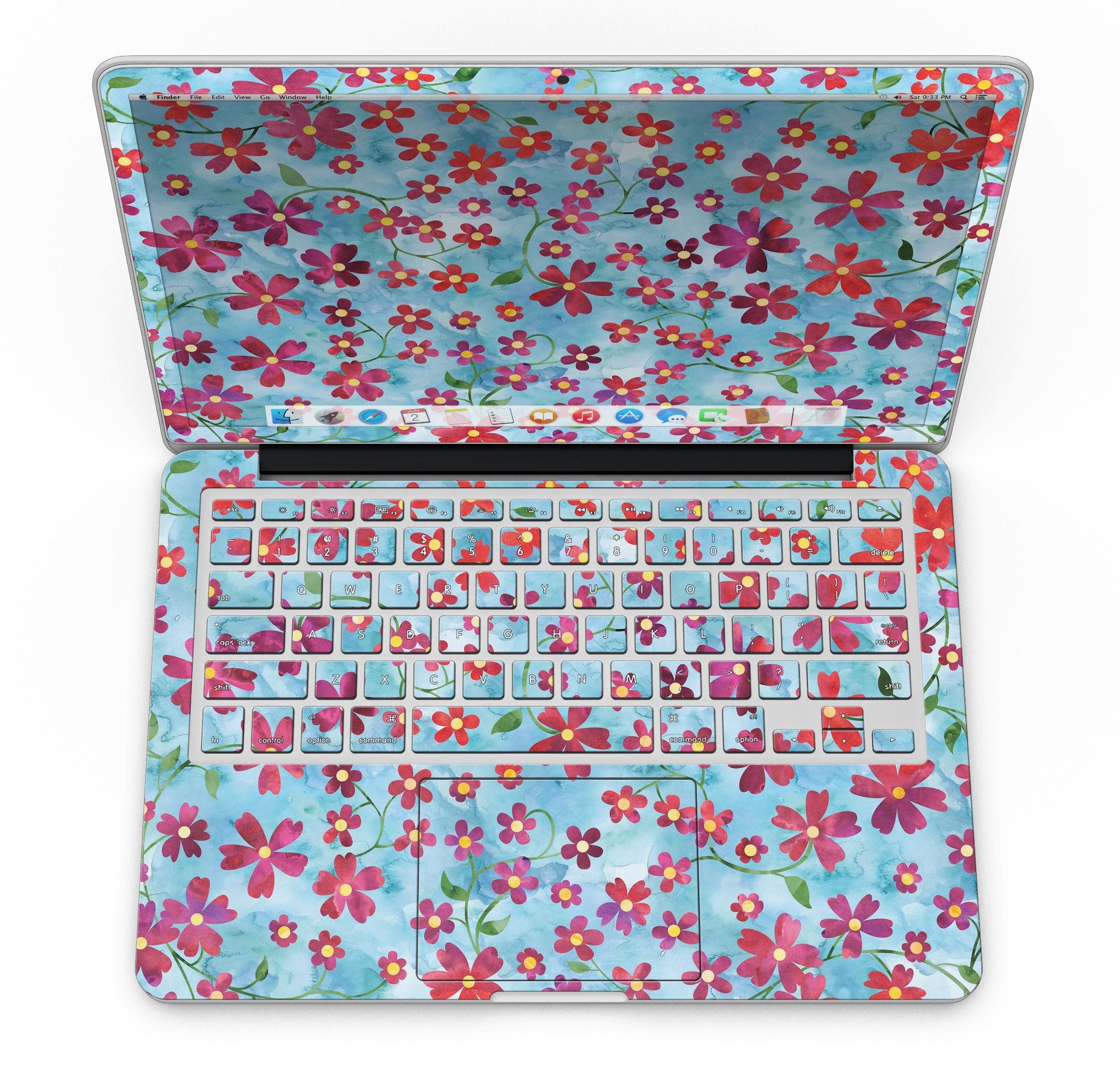 A MacBook Pro with a floral skin featuring stems over a light blue watercolor background, showcasing elegance and style.