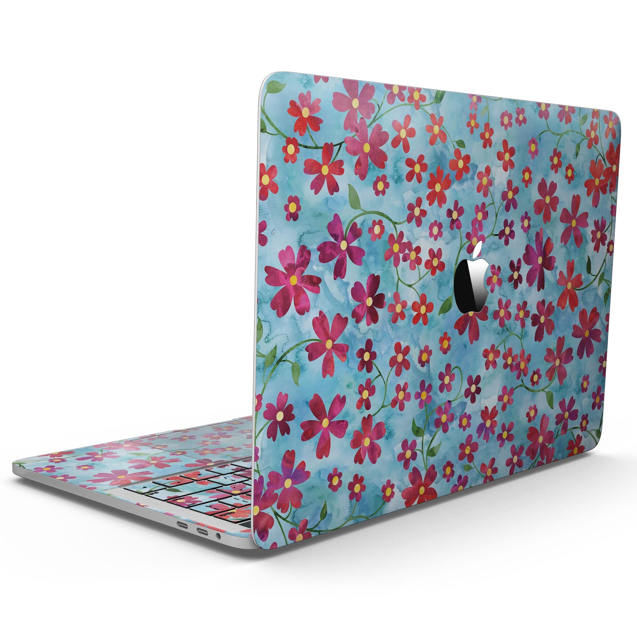 A MacBook Pro with Touch Bar featuring a floral design of flowers with stems over a light blue watercolor background, showcasing style and protection.