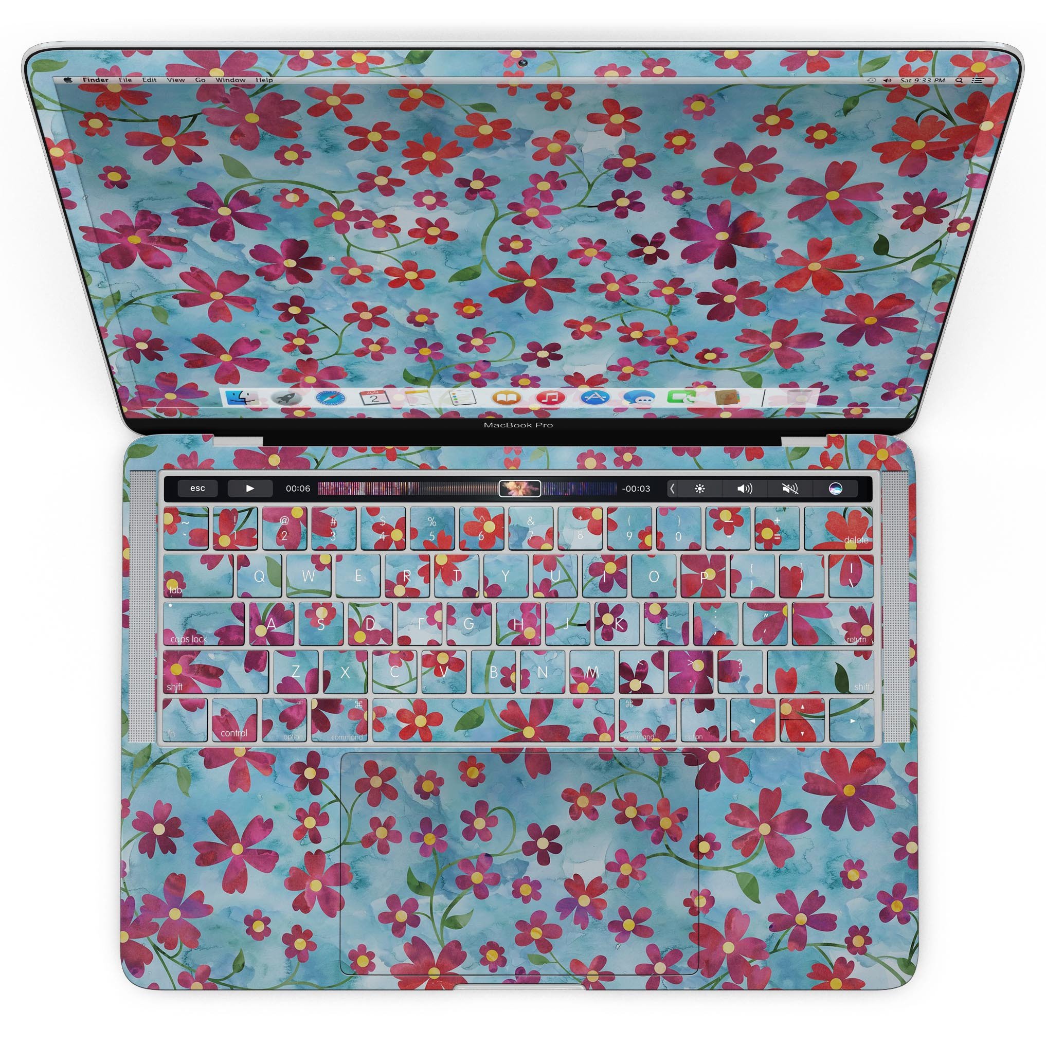 A MacBook Pro with Touch Bar featuring a floral design of flowers with stems over a light blue watercolor background, showcasing style and protection.