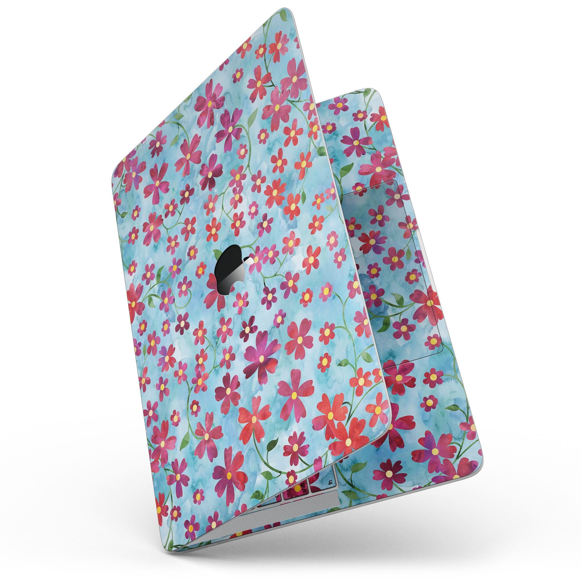 A MacBook Pro with Touch Bar featuring a floral design of flowers with stems over a light blue watercolor background, showcasing style and protection.