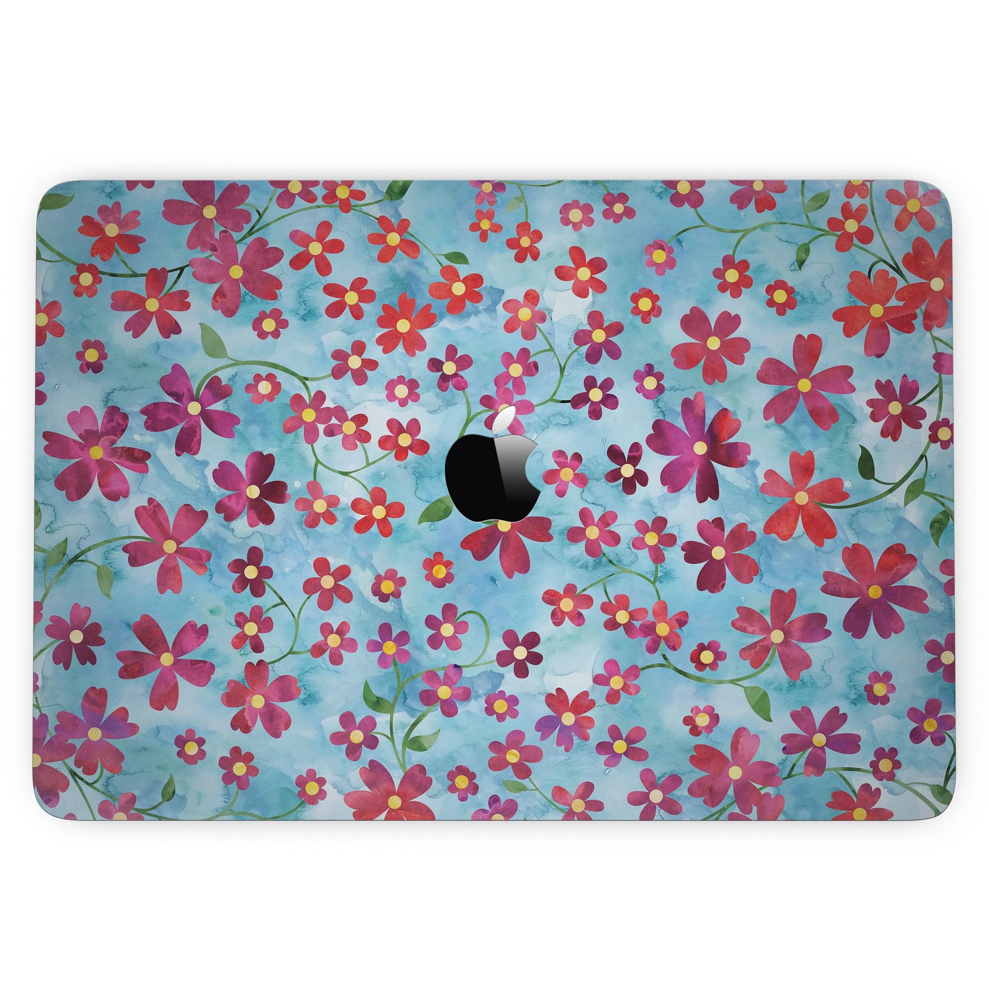 A MacBook Pro with Touch Bar featuring a floral design of flowers with stems over a light blue watercolor background, showcasing style and protection.