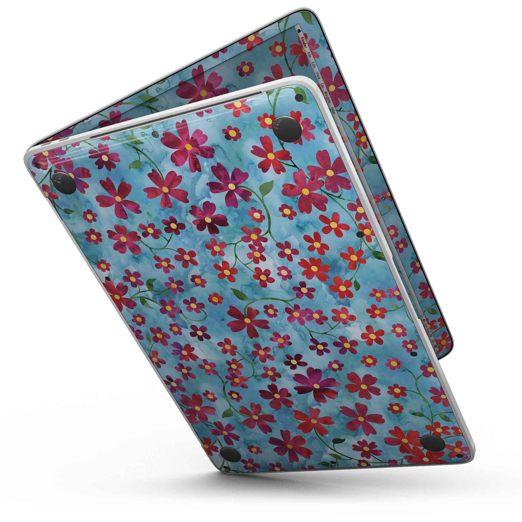 A MacBook Pro with Touch Bar featuring a floral design of flowers with stems over a light blue watercolor background, showcasing style and protection.